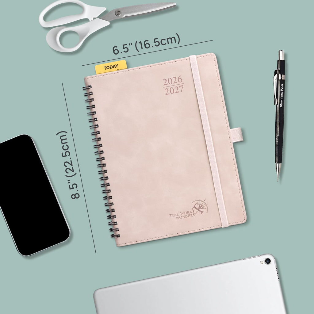POPRUN Agenda 2026-2027 Weekly Planner Notebook (Medium-6.5"x 8.5") Academic Calendar (JUL.26 - JUN.27) Appointment Book with Monthly Tabs, Inner Pocket, Spiral Soft Cover, 100 GSM - Brown