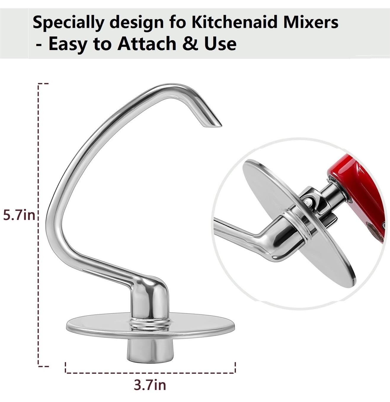 Dough Hook Dishwasher Safe for Kitchen Aid Tilt-Head and 4.5-5.0 Quart Mixers, Polished Stainless Steel Kneading Attachment for Bread,Pasta, Pizza...