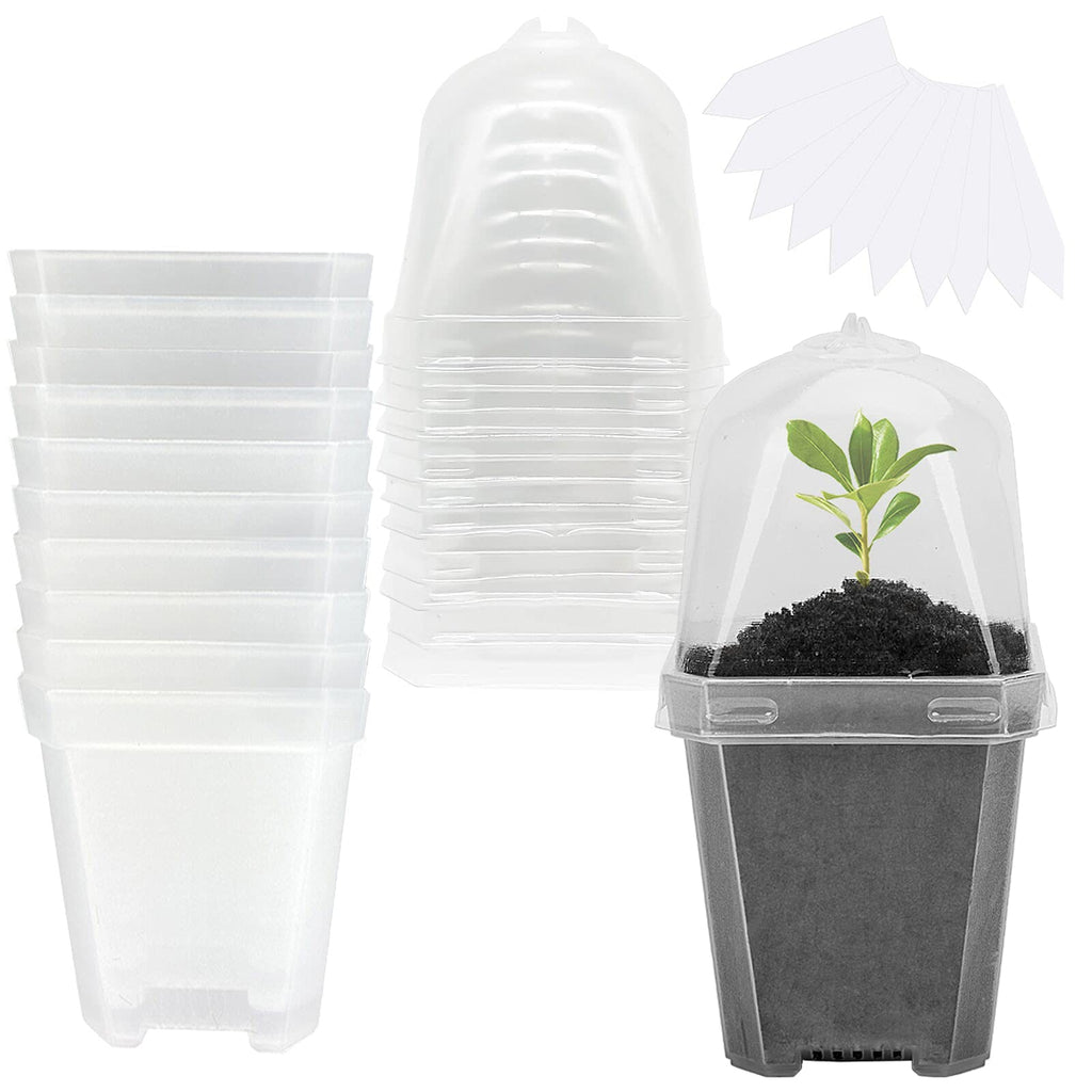 EBaokuup 10pcs Clear Plant Nursery Pots with Humidity Dome - 3" Durable Plastic Gardening Pot with Labels, Small Plant Container for Seedlings/Vegetables/Succulents/Cuttings (3“-10pcs)