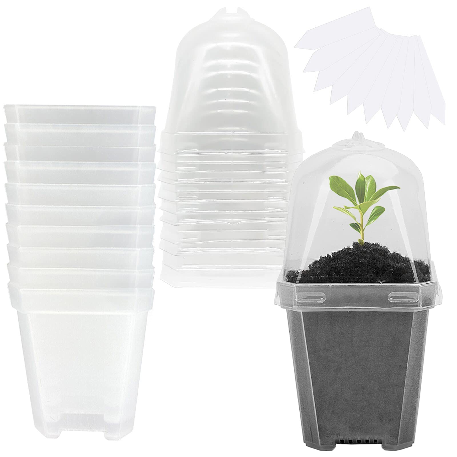 EBaokuup 10pcs Clear Plant Nursery Pots with Humidity Dome - 3" Durable Plastic Gardening Pot with Labels, Small Plant Container for Seedlings/Vegetables/Succulents/Cuttings (3“-10pcs)