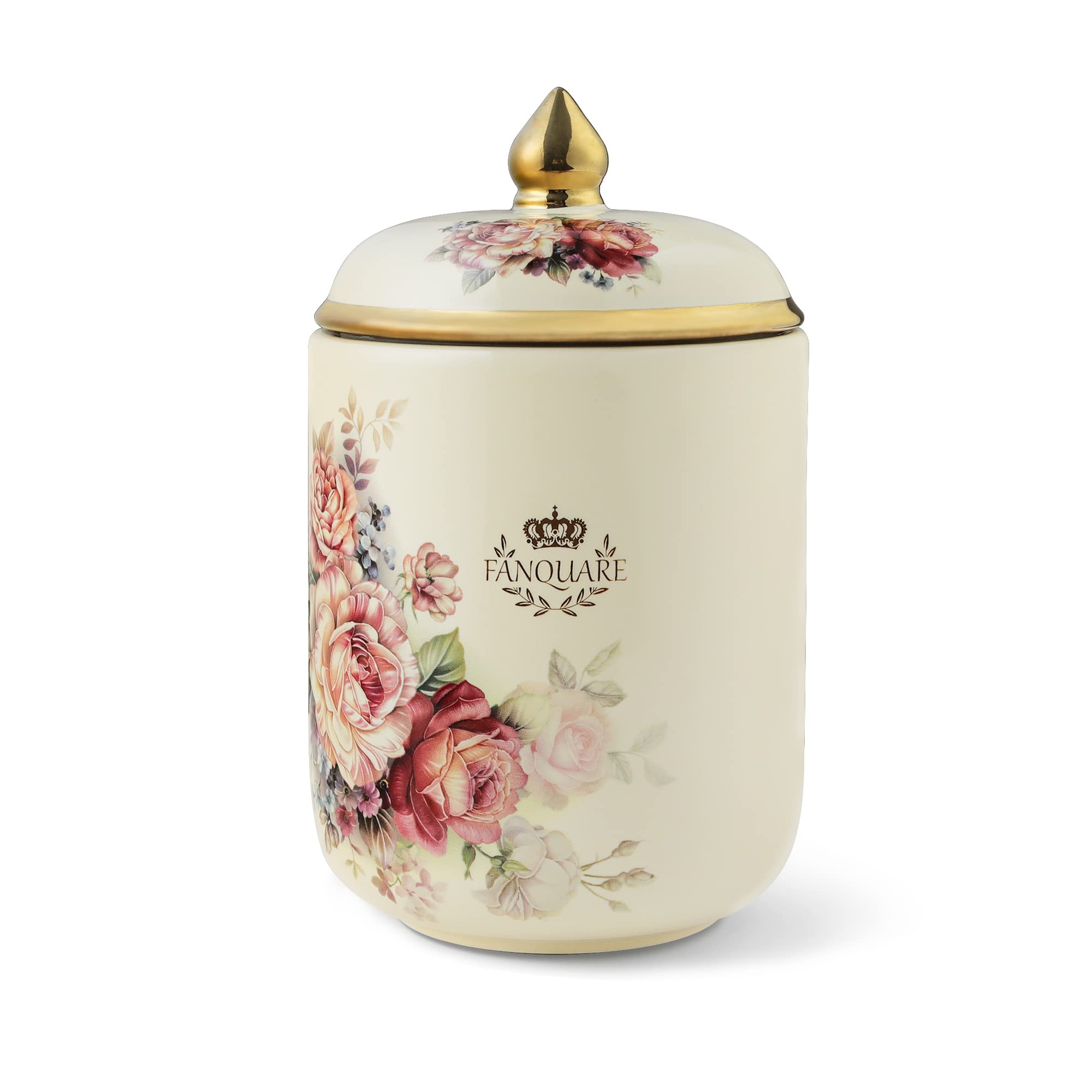 fanquare Porcelain Tea Canister, Normal Size Ceramic Jar, Vintage Gold Floral Countertop Container for Sugar, Tea, Coffee