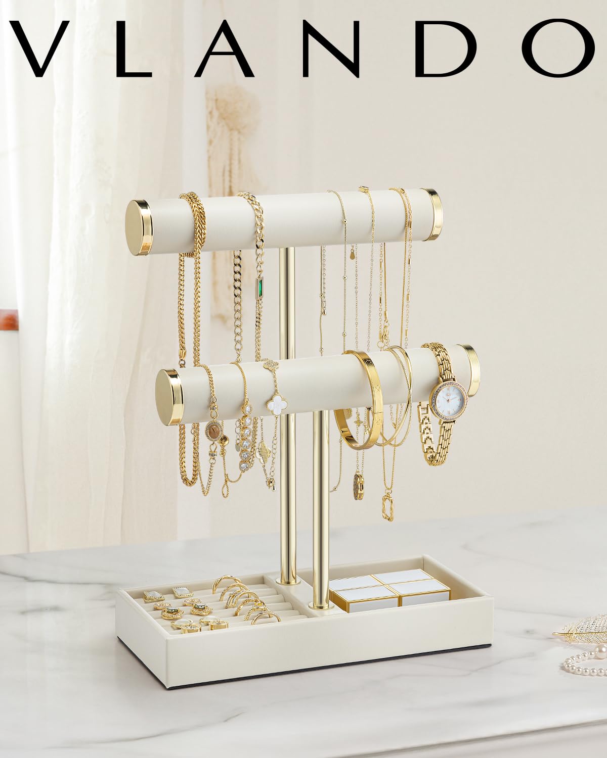 Vlando 2 Tier Bracelet Holder Display,Jewelry Stand Organizer with Ring Holder Tray,Jewelry Holder for Bracelet, Necklace, Watches, Rings,Beige