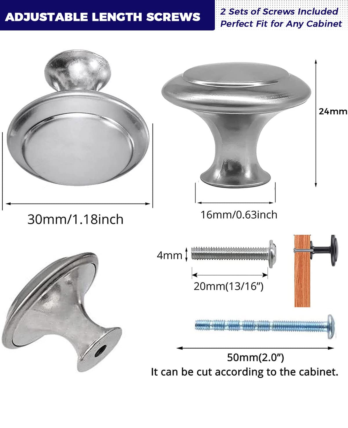 30Pack Silver Cabinet Knobs, Knobs for Cabinets and Drawers, Kitchen Cabinet Knobs, Brushed Nickel Zinc Knobs with 60 Screws, Modern Drawer Knobs for Cupboard Door, Dresser, Drawer