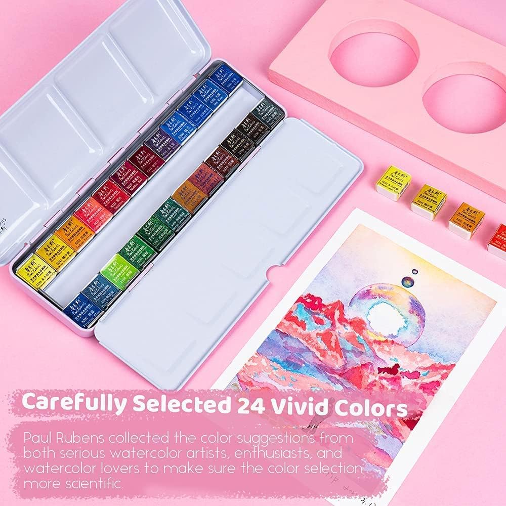 Paul Rubens Watercolour Paint Set, 24 Vibrant Colors Artist Grade Watercolor Paint with Metal Box Case, Art Supplies for Beginners Students Artists