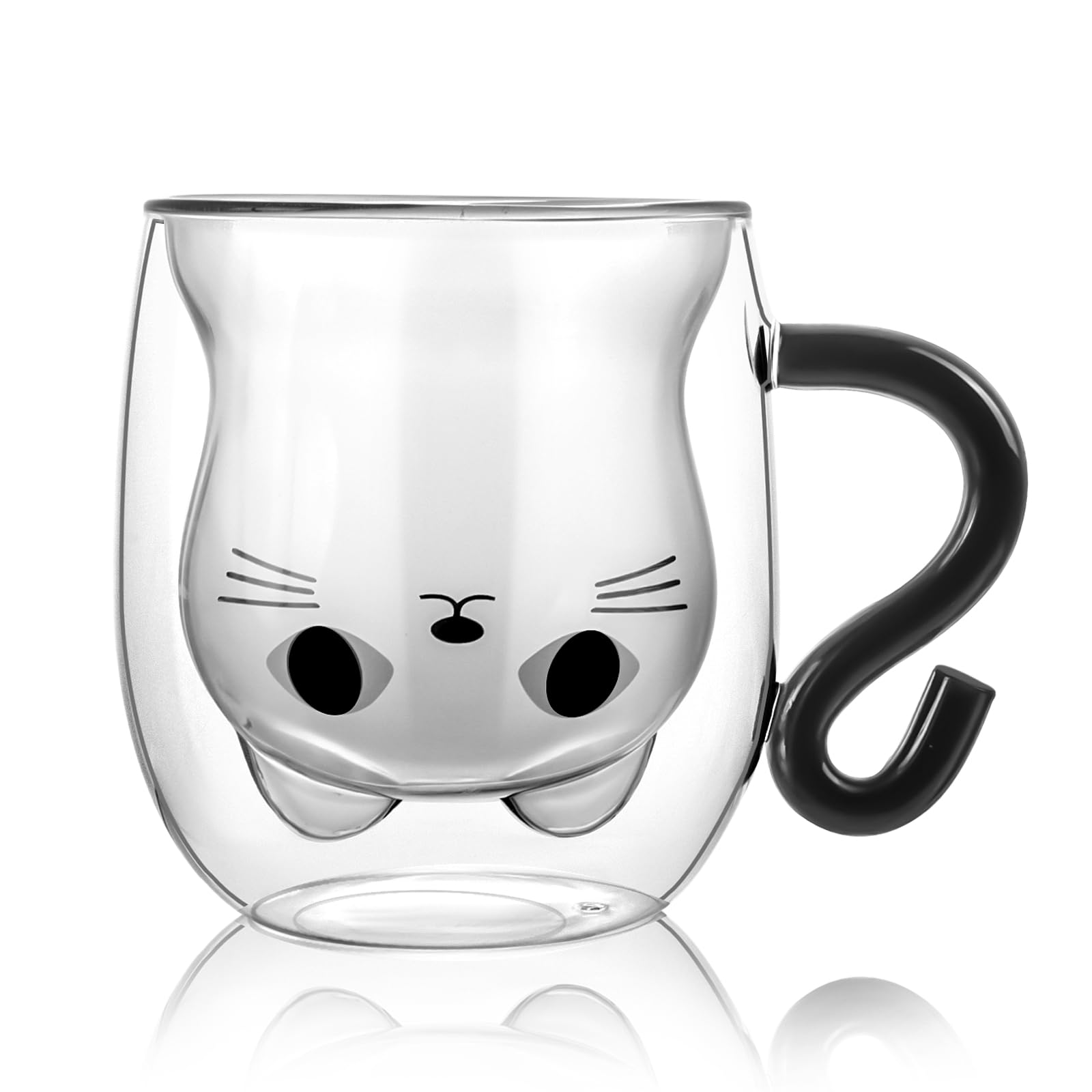 Bkinpid Cute Cat Double Wall Glass Mug, Black Cat 100% Borosilicate Thick Glass with Handle, Heat Resistance, Gift Wrapped