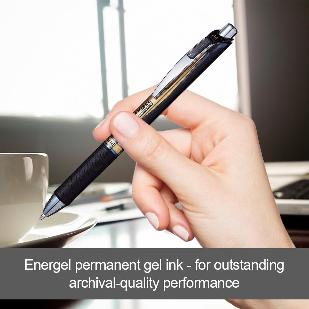 Pentel EnerGel Permanent Retractable Liquid Gel Rollerball Pen, Archival Quality, Water Resistant Ink, For Signing Important Documents, 0.5mm Fine Point, Blue Ink, BLP75-C, Box of 12
