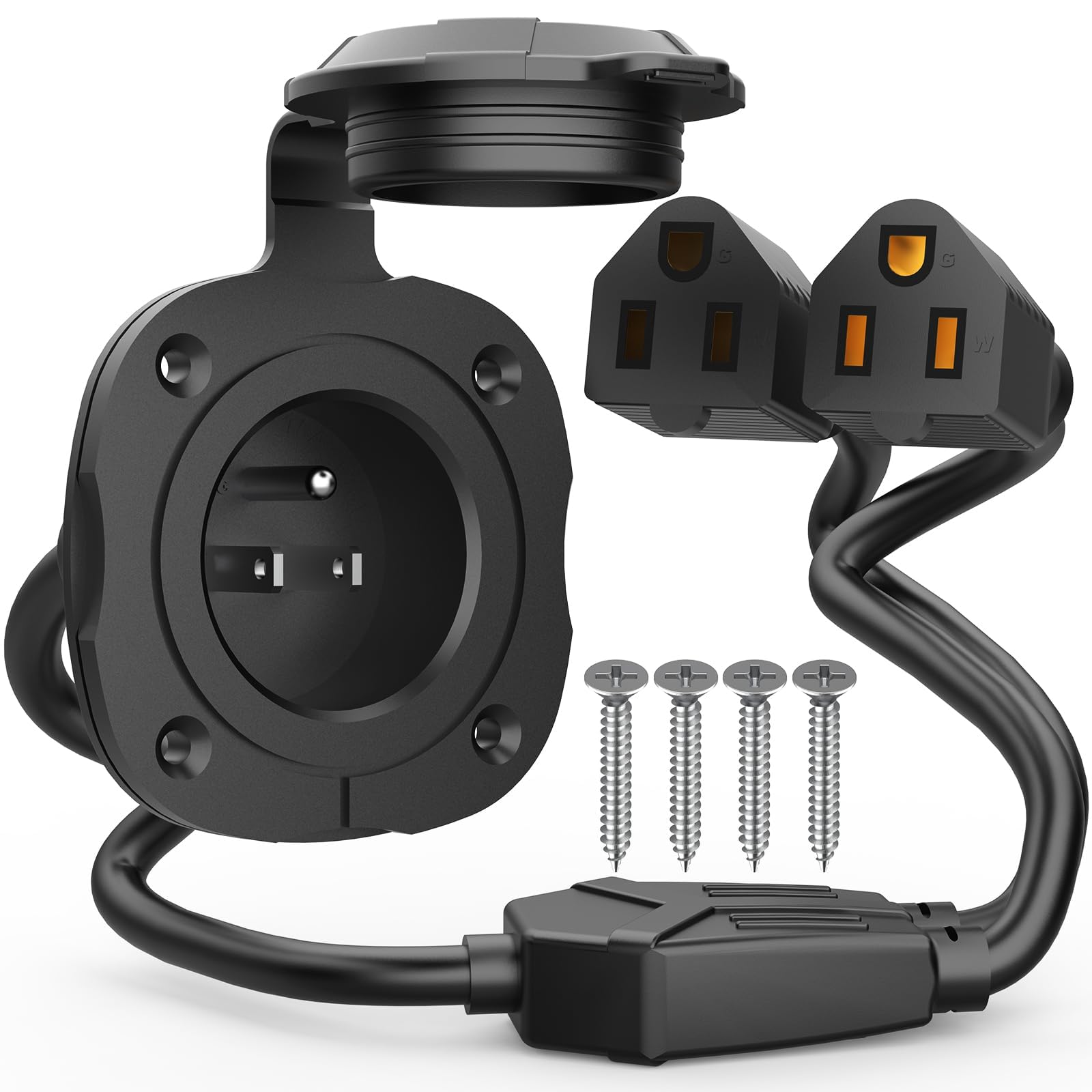 PAULINN 15 Amp 125V AC Power Inlet Port Plug W/Integrated Dual 18" Extension Cord, NEMA 5-15 RV Flanged Inlet Y Splitter Cable with Waterproof & Back Cover, 2 Pole 3-Wire Shore Power Plug for Boat