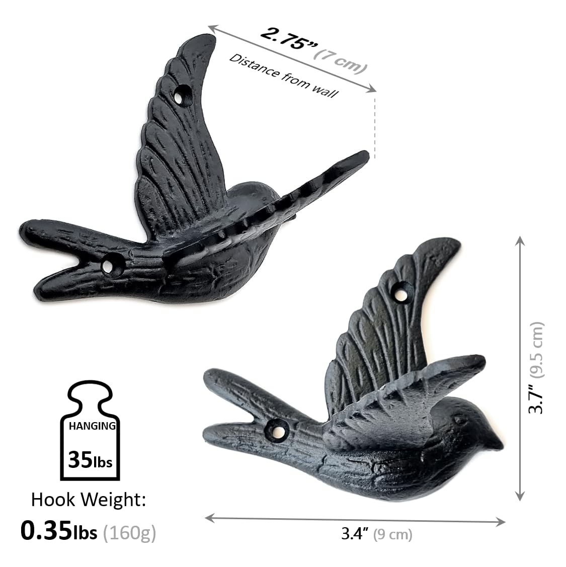 Ambipolar 5-Pack Bird Flying Style Coat Hooks, Vintage Black Hooks for Coats, Hats, and More, Sturdy Cast Iron Construction, Rustic Farmhouse Theme, Easy Installation Versatile and Durable