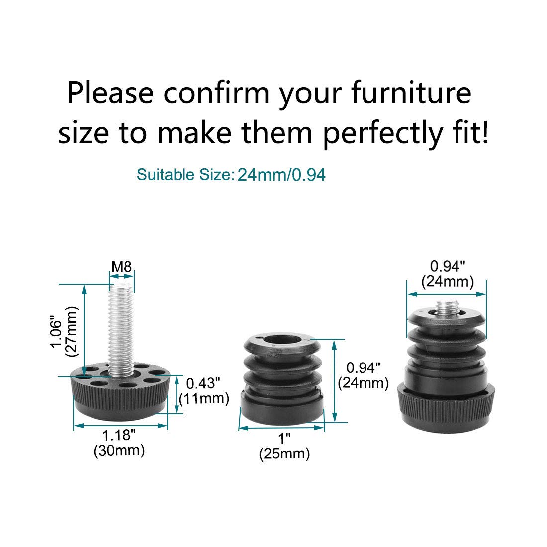 uxcell Leveling Feet 1" 25mm OD Round Insert Furniture Adjustable Leveler 8 Sets