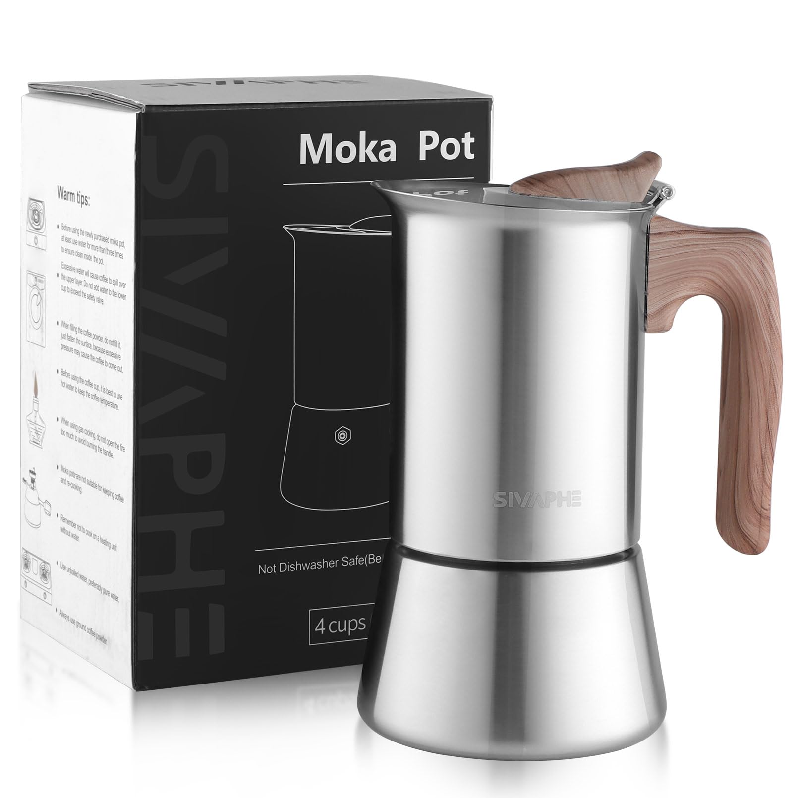 Sivaphe Induction Moka Pot Stainless Steel Stovetop Espresso Pots Strong Coffee Maker 4 Cup /200ml