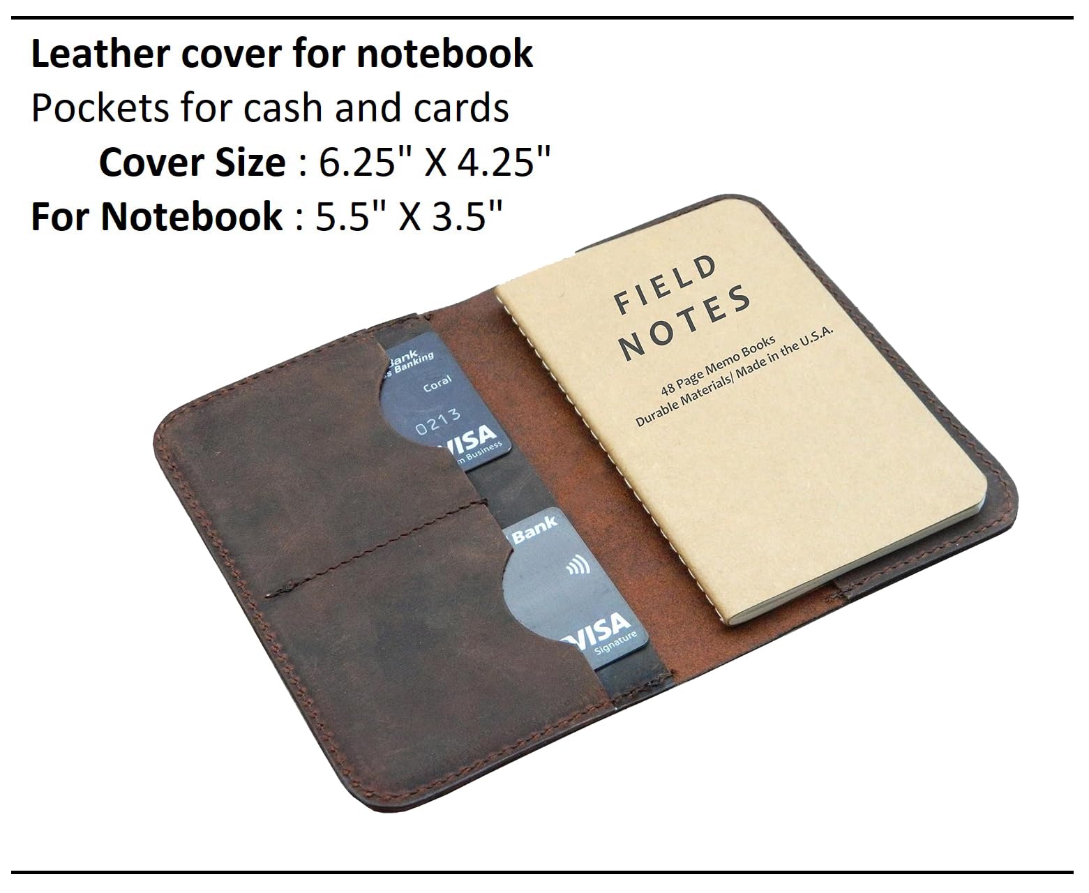 Leather Journal Cover for Field Notes Moleskine pocket Cahier Handmade for 3.5" x 5.5" Notebooks/passport holder (Crunch Brown)