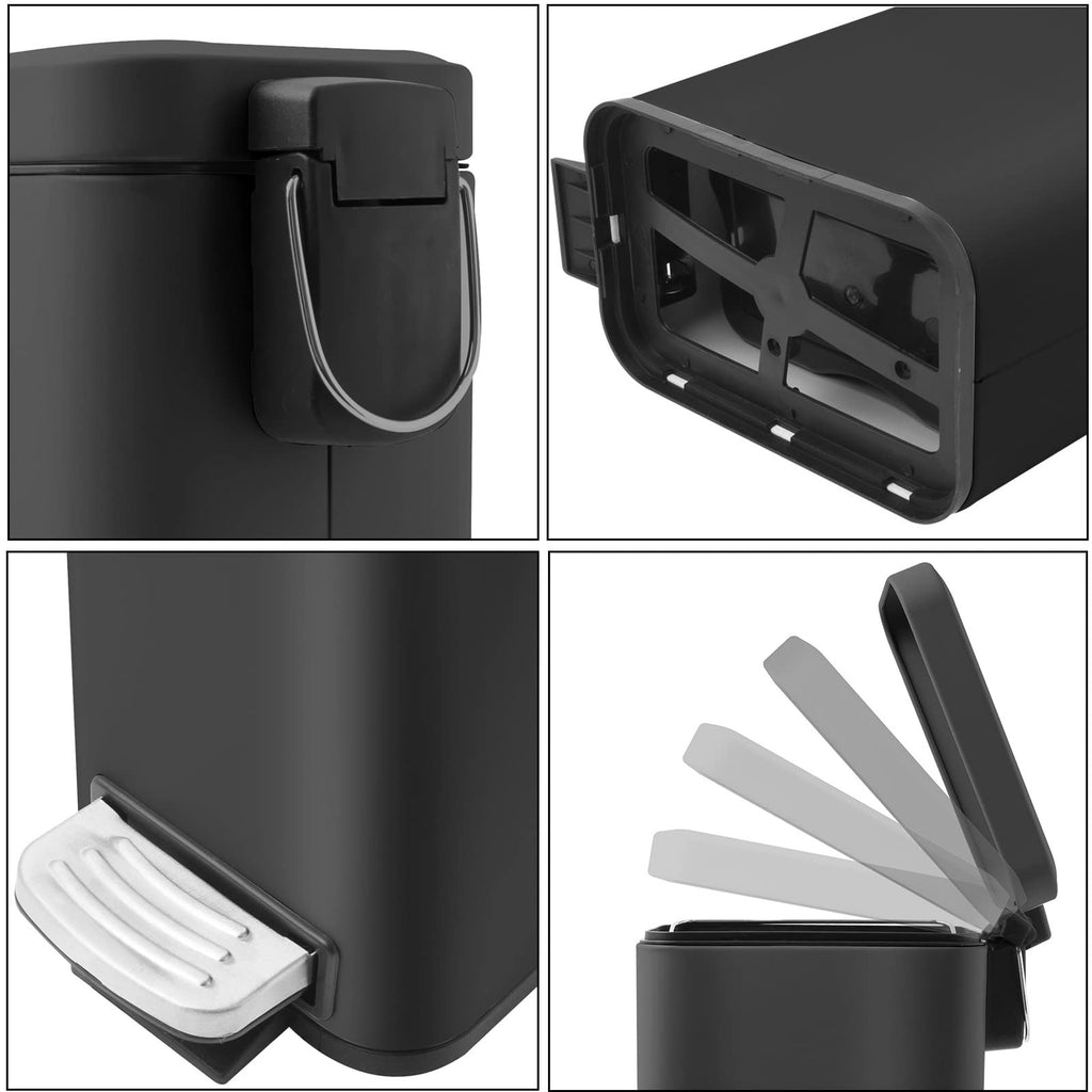 5 Liter/1.3 Gallon Slim Small Trash Can with Lid Soft Close, Stainless Steel Garbage Can for Bathroom Bedroom Office, Rectangular Step Trash Bin with Removable Inner Waste Basket (Black)