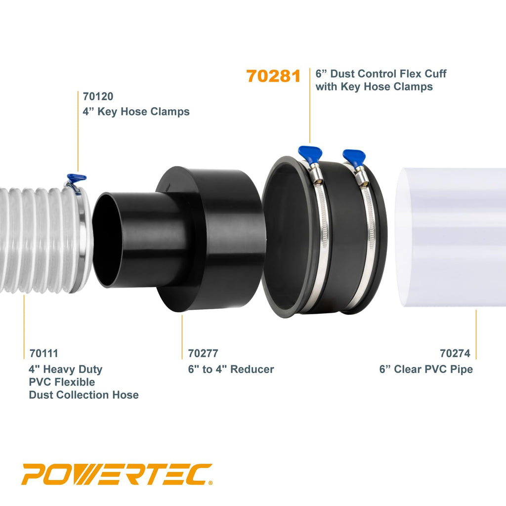 POWERTEC 70260 4 Inch Key Hose Clamp, Thumb Screw Key Adjustable Stainless Steel Hose Clamps for Dust Collection, Dust Collector and Dryer Vent Hose, Pipe Clamp, RV Clamp, Worm Gear Clamp, 10 Pack