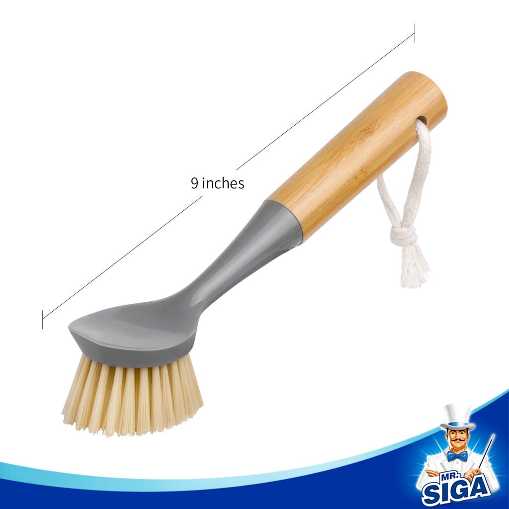 MR.SIGA Dish Brush with Bamboo Handle Built-in Scraper, Scrubbing Brush for Pans, Pots, Kitchen Sink Cleaning, Pack of 2