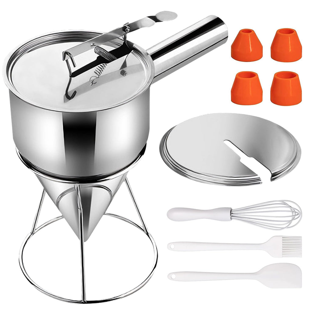 40oz Pancake Batter Dispenser, Stainless Steel Funnel Cake Dispenser with 4 Silicone Nozzles, 3 Brushes, 1dust Cover, Exquisite Box Packaging, Perfect for Waffle, Pancakes, Cupcakes, and Funnel Cakes
