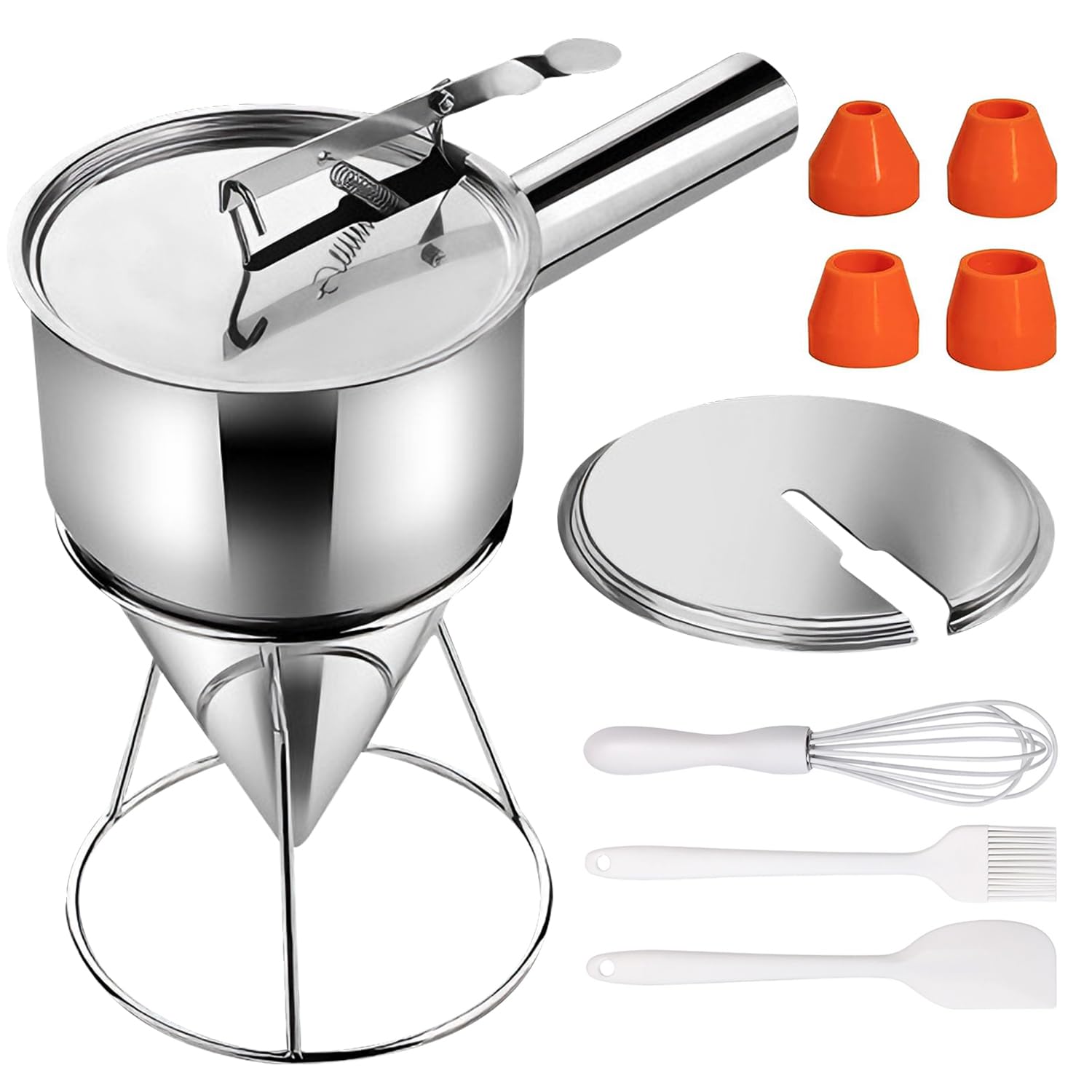 40oz Pancake Batter Dispenser, Stainless Steel Funnel Cake Dispenser with 4 Silicone Nozzles, 3 Brushes, 1dust Cover, Exquisite Box Packaging, Perfect for Waffle, Pancakes, Cupcakes, and Funnel Cakes