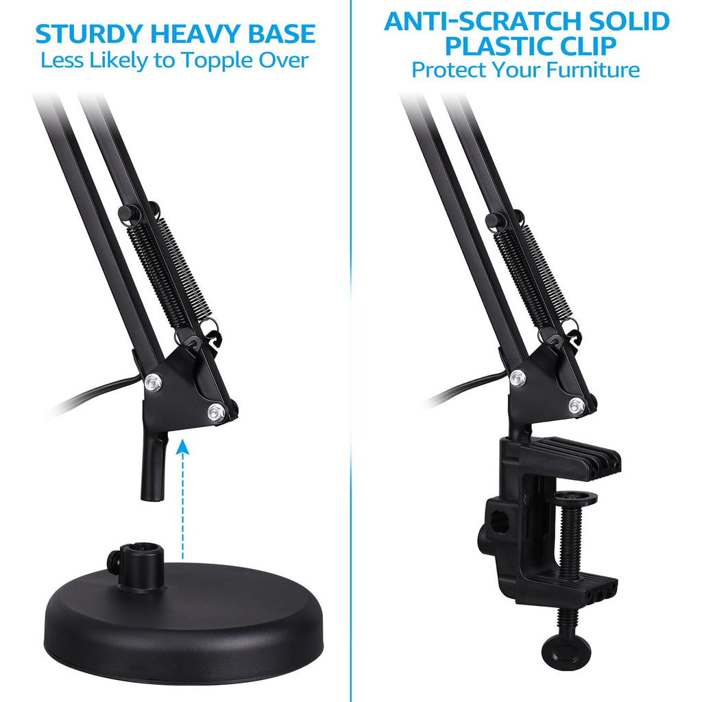 TORCHSTAR Metal Swing Arm Desk Lamp, Interchangeable Base Or Clamp, Classic Architect Clip On Table Lamp, Multi-Joint, Adjustable Arm, Black Finish (UL Plug)
