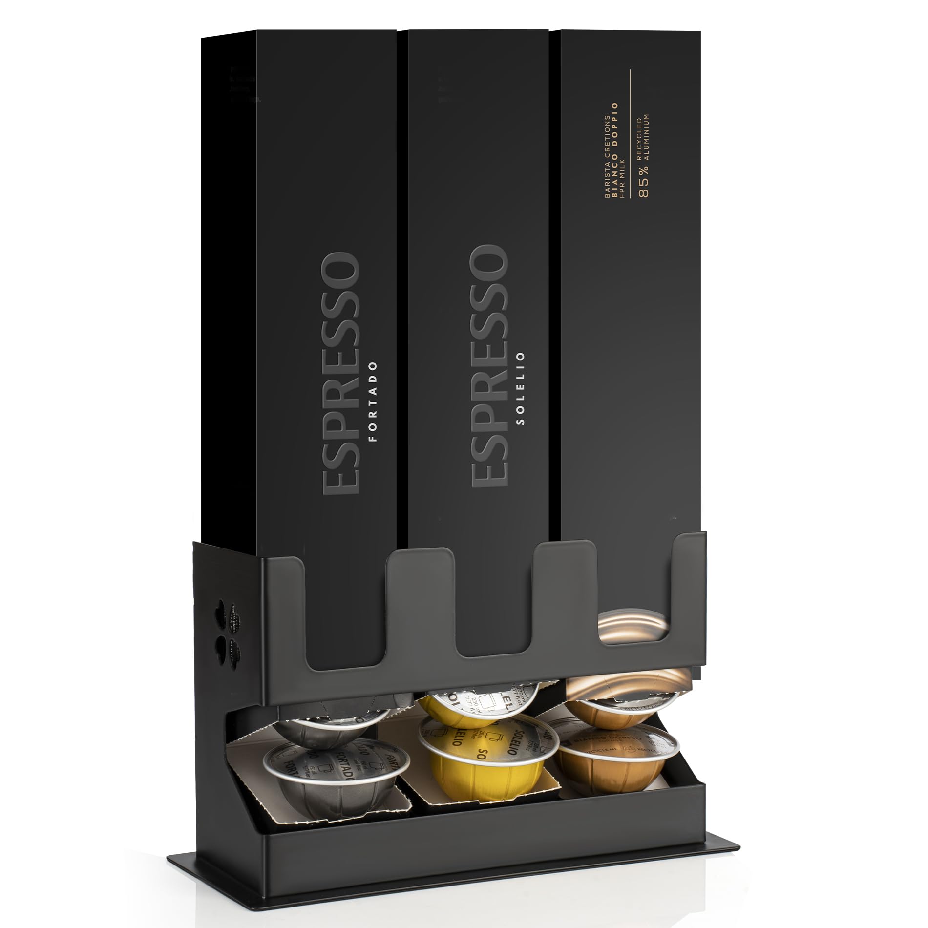 RECAPS Coffee Pod Storage Holder Dispenser (3 Box Sleeve Holder)Compatible with Nespresso Vertuoline Vertuo, Countertop Organizer Stand with Non-Slip Steel Base, Dispenses 3 Coffee Flavors (30 Vertuo Capsules)