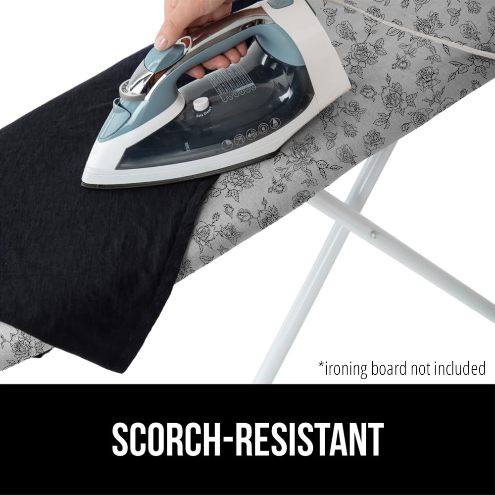 GORILLA GRIP Reflective Silicone Ironing Board Cover, Resist Scorching and Staining, 15x54, Hook and Loop Fastener Straps, Pads Fit Large and Standard Boards, Elastic Edge, Thick Padding, Gray Floral