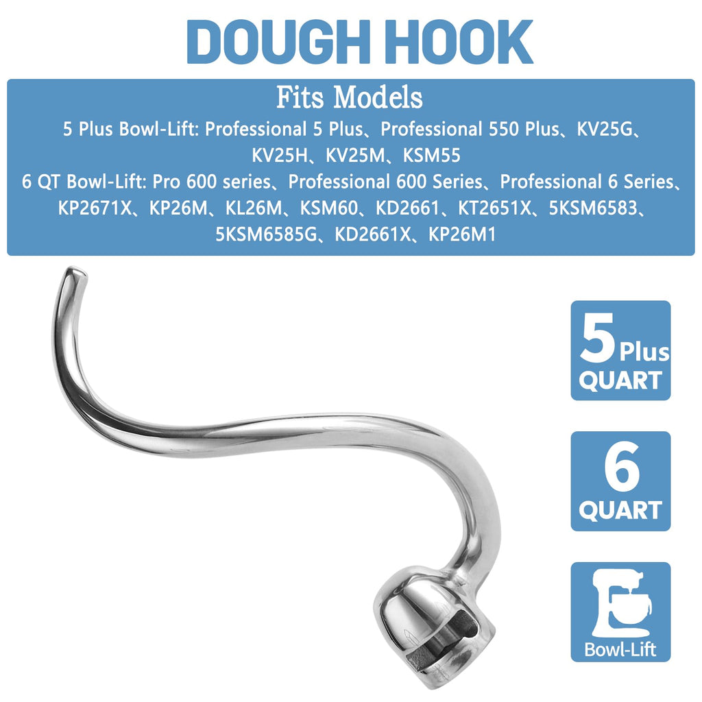 Stainless Steel Spiral Dough Hook Compatible with KitchenAid 5 Plus- 6QT Mixer,Bowl Lift Stand Mixer Accessory, Dough Hook,Rust Resistant, Effectively Kneads Bread,Pizza and Biscuits,Dishwasher Safe