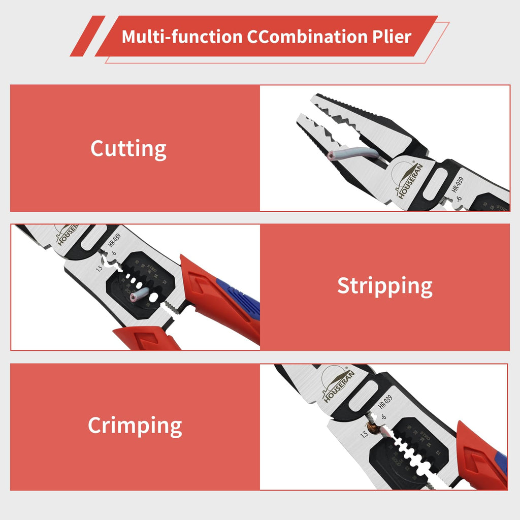 HOUSERAN Linemans Pliers, Combination Pliers with Wire Stripper and Crimper, 8 Inch Lineman Plier, 5-in-1 Linesman for Cutting, Crimping, Stripping