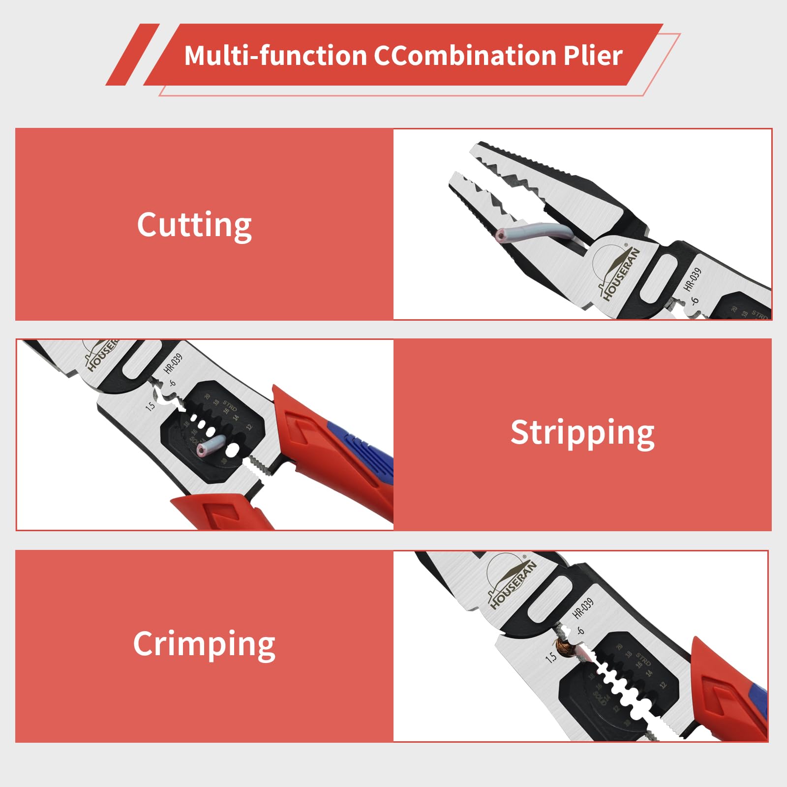 HOUSERAN Linemans Pliers, Combination Pliers with Wire Stripper and Crimper, 8 Inch Lineman Plier, 5-in-1 Linesman for Cutting, Crimping, Stripping