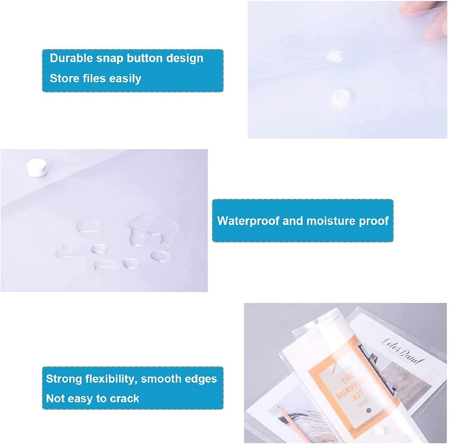 File Folders, 20 Pack Plastic File Organizer Letter Size A4 Size Water Resistant Clear Transparent Document Folder with Snap Button for Office School Home