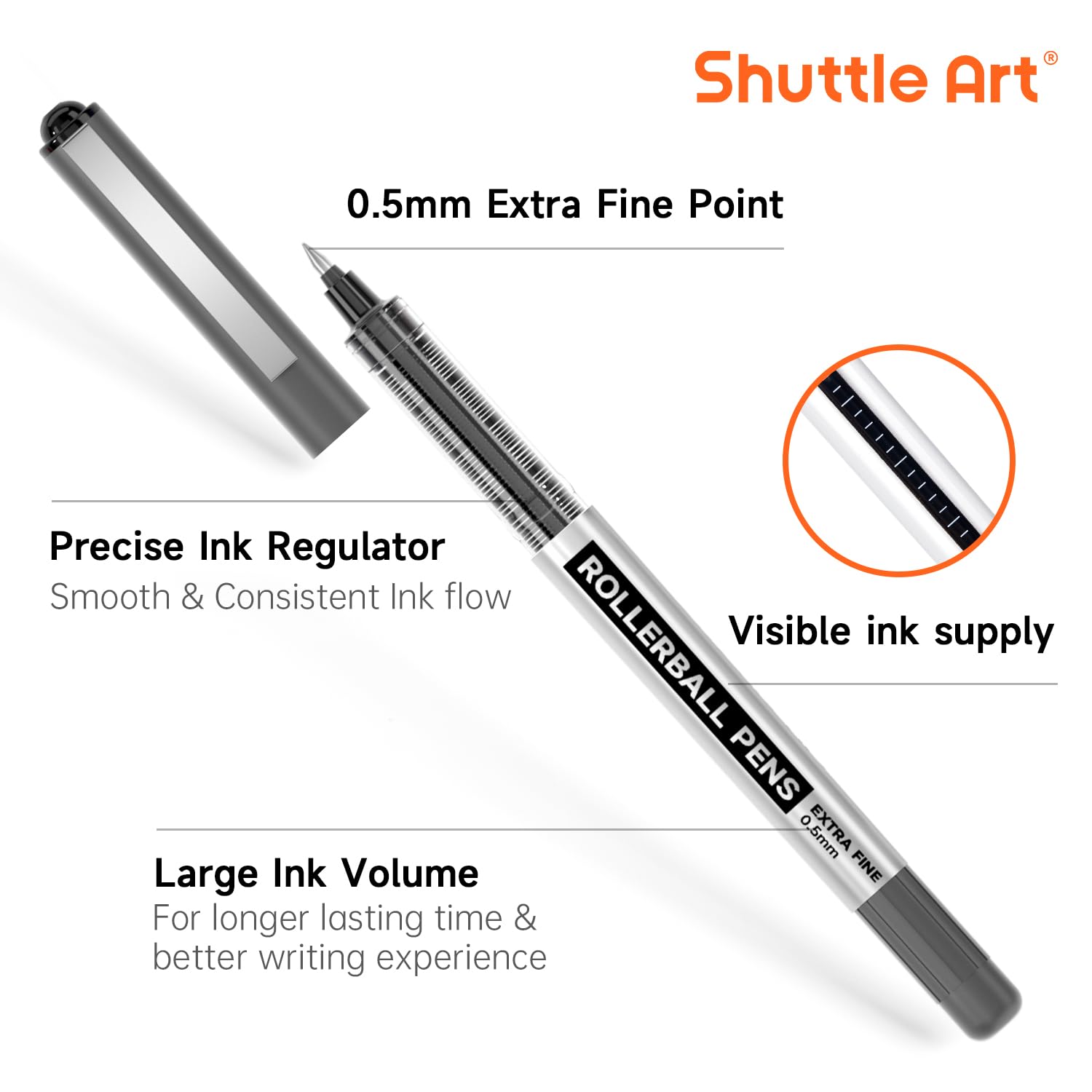 Shuttle Art RollerBall Pens, 25 Pack(21 black 2 blue 2 red) Fine Point Roller Ball Pens, 0.5mm Liquid Ink Pens for Writing Journaling Taking Notes School Office