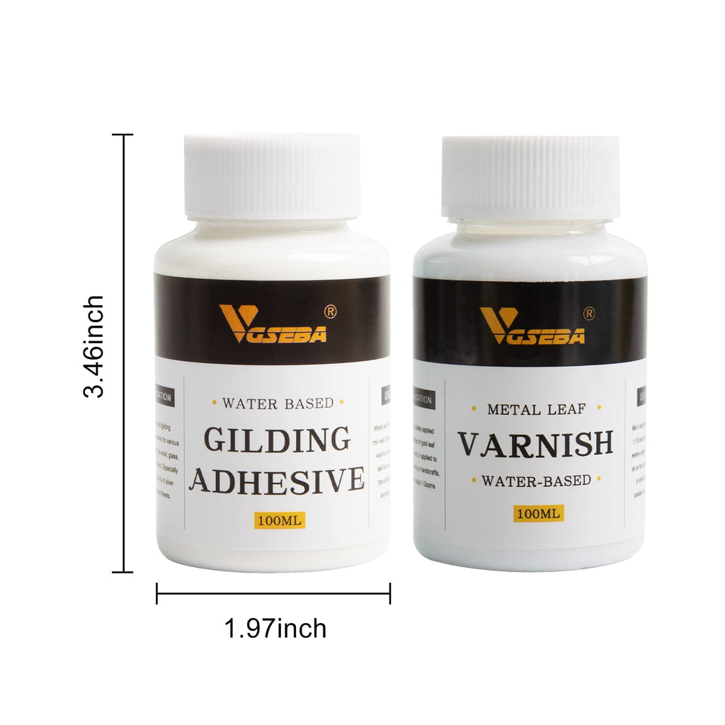 Gold Leaf Gilding Adhesive Set, 100ml Epoxy Resin Water Based Metal Leaf Glue and 100ml Varnish for Crafts, Arts, Wood, Glass (Come with 2 Brushes+2 Gloves)