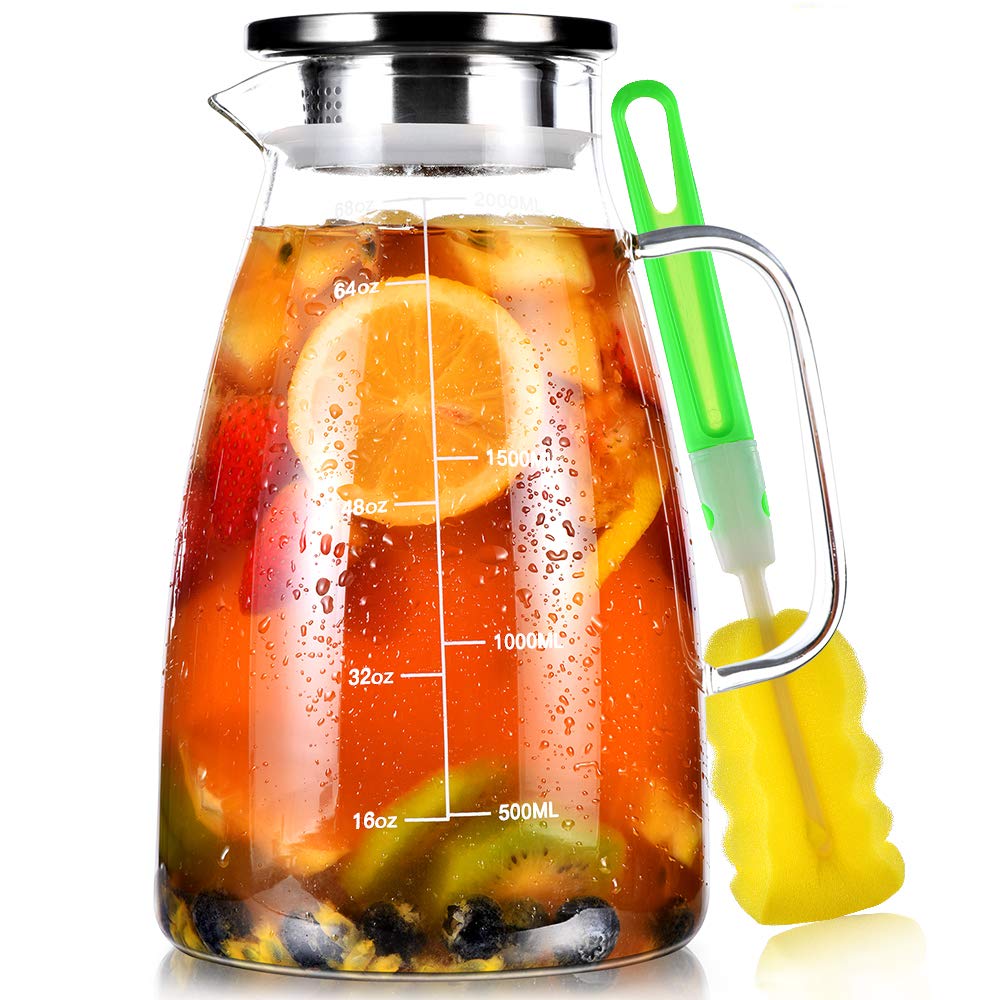 Water Pitcher, 2 L Glass Pitcher with Lid and Precise Scale Line, Stainless Steel Glass Jug, Easy Clean Heat Resistant Borosilicate Ice Tea Pitcher for Coffee, Milk, Juice, Cold or Hot Beverages