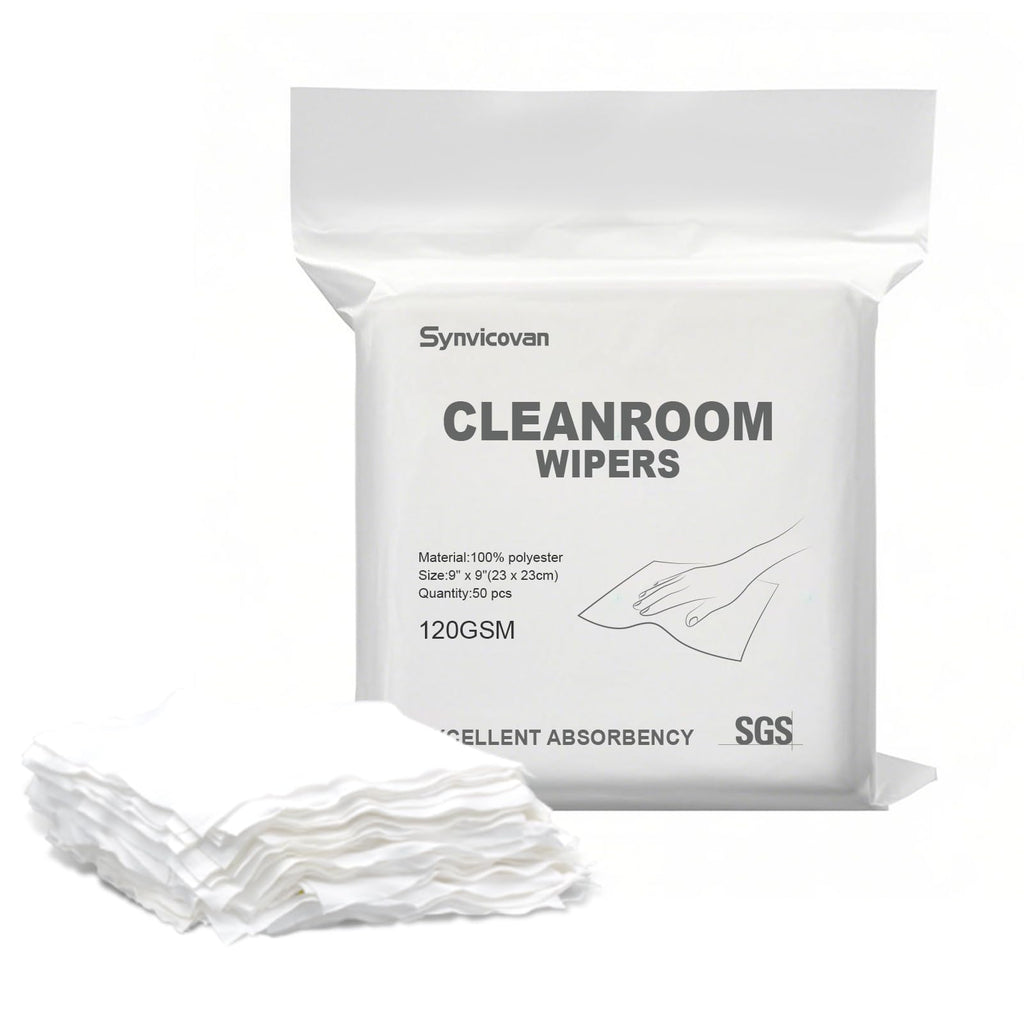 Synvicovan Cleanroom Wipers 9"x9"(50 Pcs, 100% Polyester, Class 100, 120GSM) Double Knit 100% Lint Free Cloths with Ultra-fine Filaments, Laser Sealed Edge Ultra-Soft Wipers