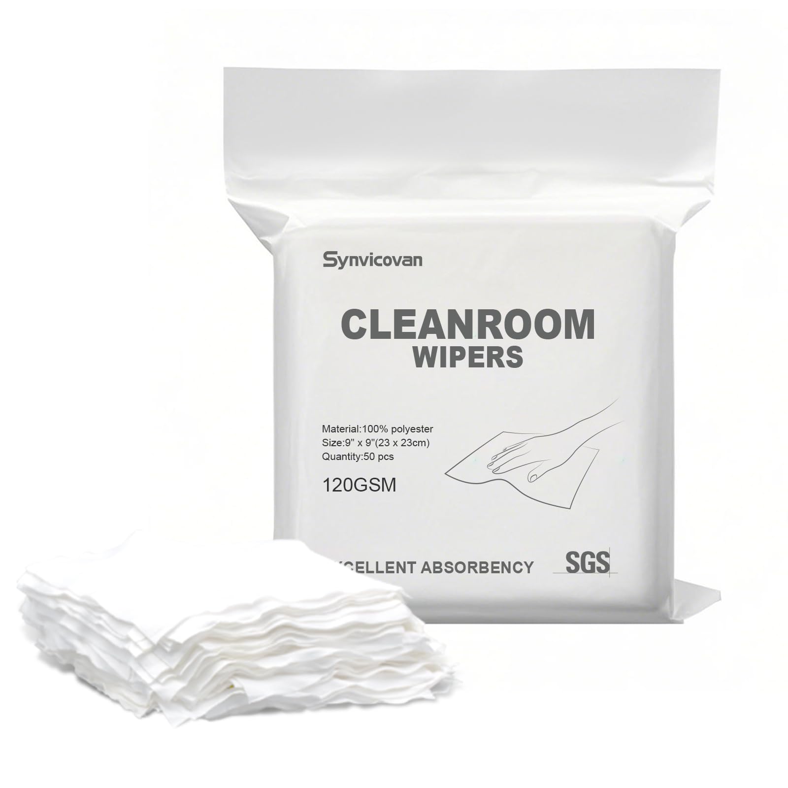 Synvicovan Cleanroom Wipers 9"x9"(50 Pcs, 100% Polyester, Class 100, 120GSM) Double Knit 100% Lint Free Cloths with Ultra-fine Filaments, Laser Sealed Edge Ultra-Soft Wipers