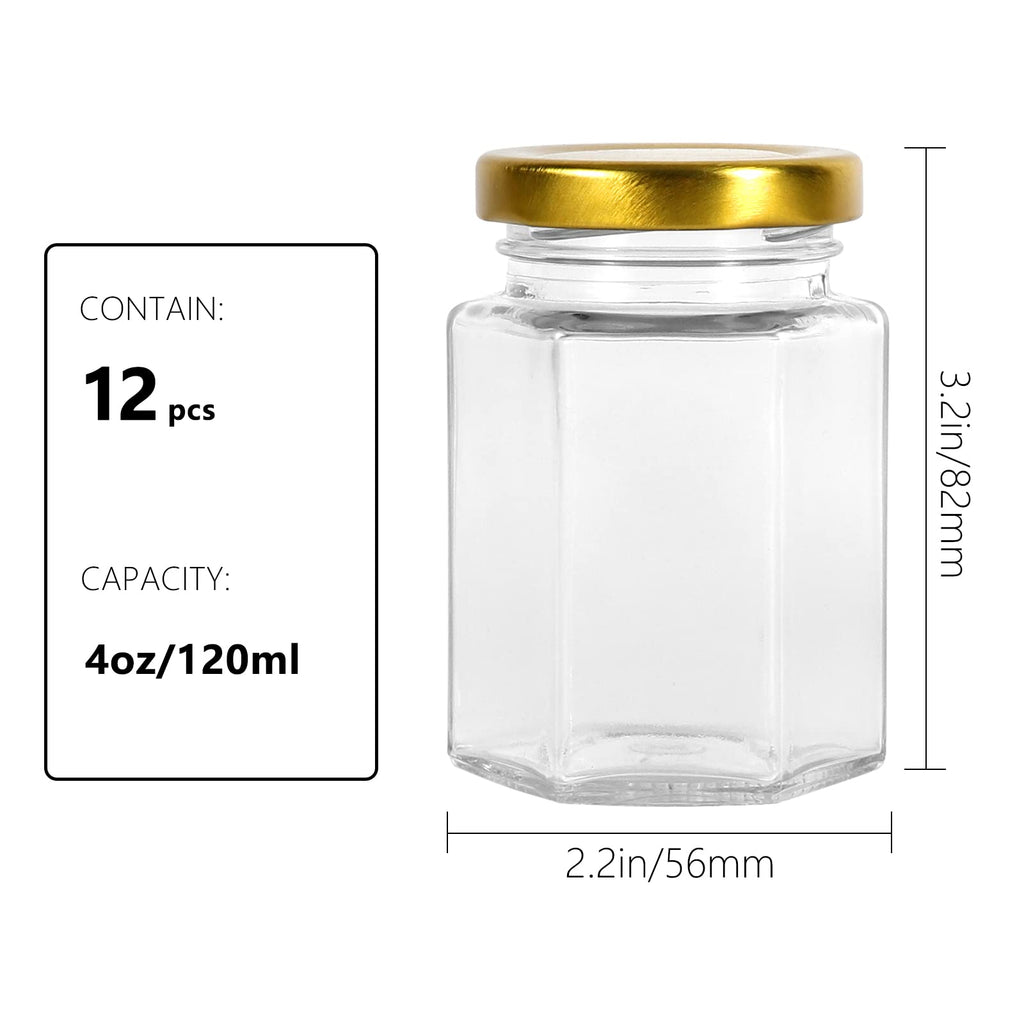 Keketin 4oz Hexagon Glass Jam Jar with Gold Lids,12pcs Canning Jars for Jams,Spice,Sauces,Candy,Food Storage,Wedding Favors or Art Crafts