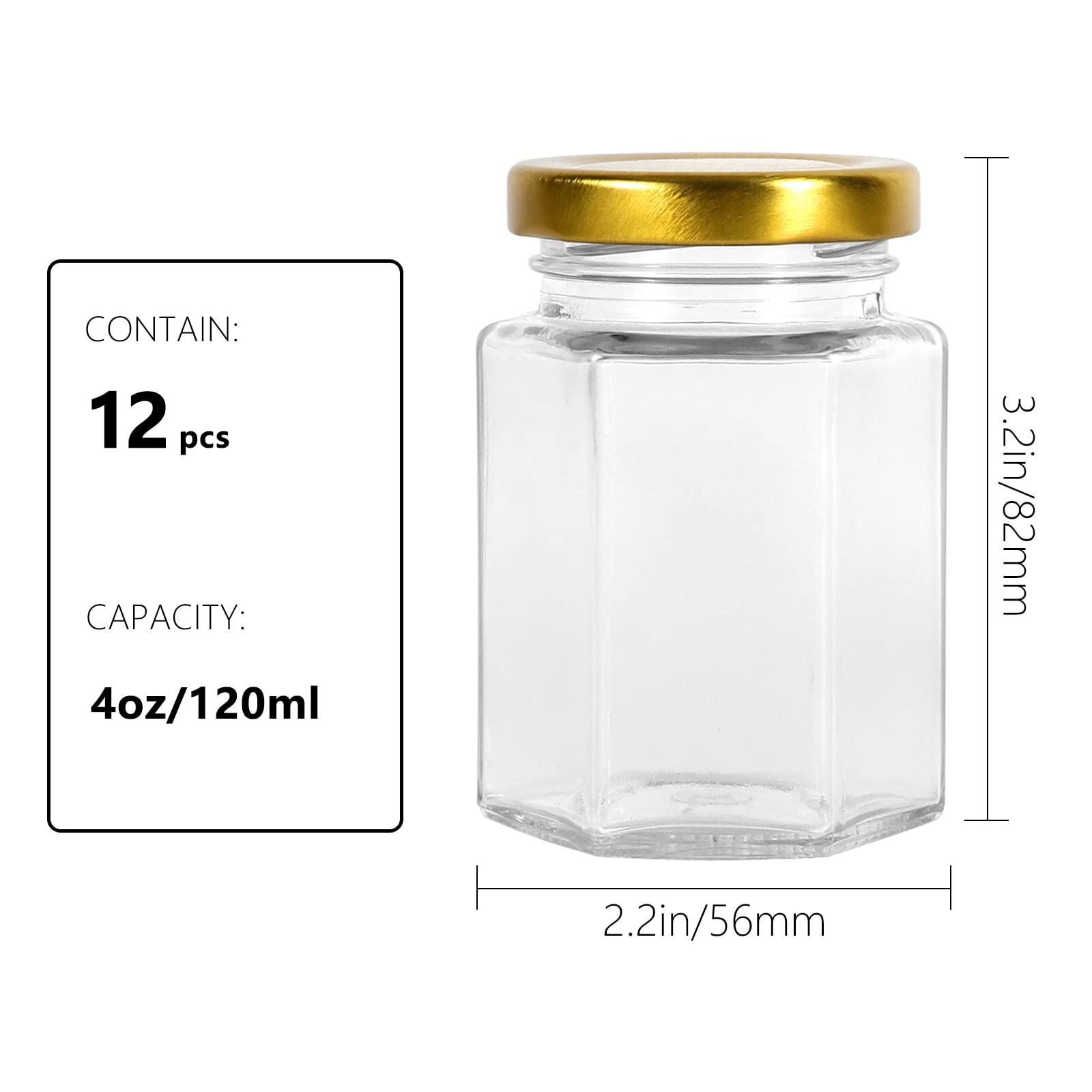 Keketin 4oz Hexagon Glass Jam Jar with Gold Lids,12pcs Canning Jars for Jams,Spice,Sauces,Candy,Food Storage,Wedding Favors or Art Crafts