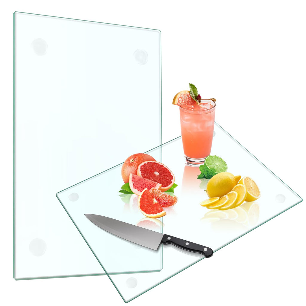 Tempered Glass Cutting Board for Kitchen, 2PCS Glass Chopping Board for Countertop, Clear Cutting Board with Rubber Feet, Shatter-Resistant, Heat Resistant, Easy to Clean (2PCS - 12"x16" & 12"x8")