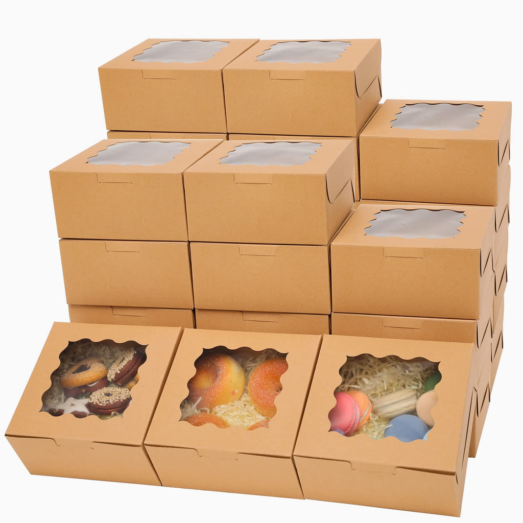 36Packs Kraft Bakery Boxes with Window 6x6x3 inches Brown Cookie Boxes Macaroon Boxes Thick & Sturdy Treat Boxes for Macarons，Pastry