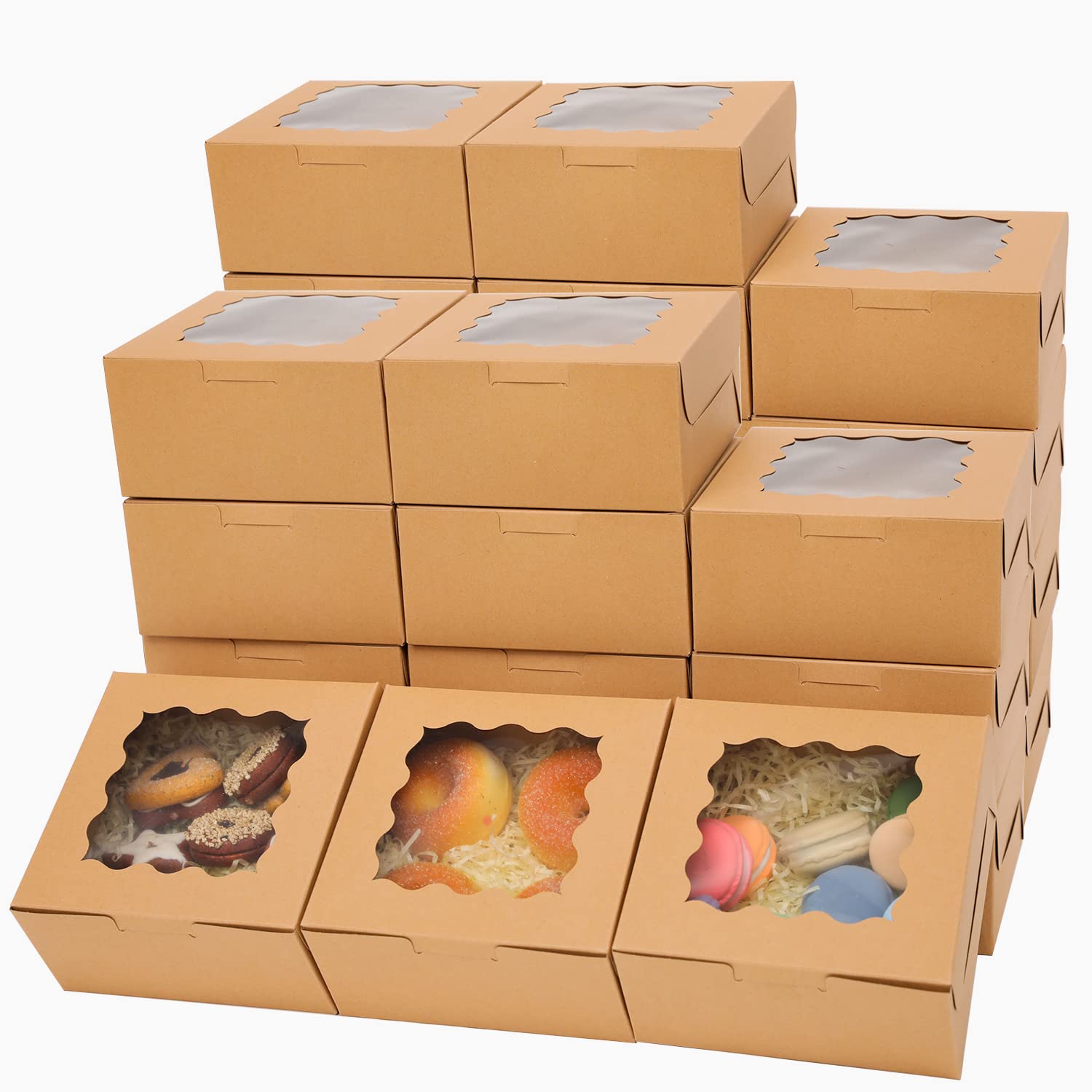 36Packs Kraft Bakery Boxes with Window 6x6x3 inches Brown Cookie Boxes Macaroon Boxes Thick & Sturdy Treat Boxes for Macarons，Pastry