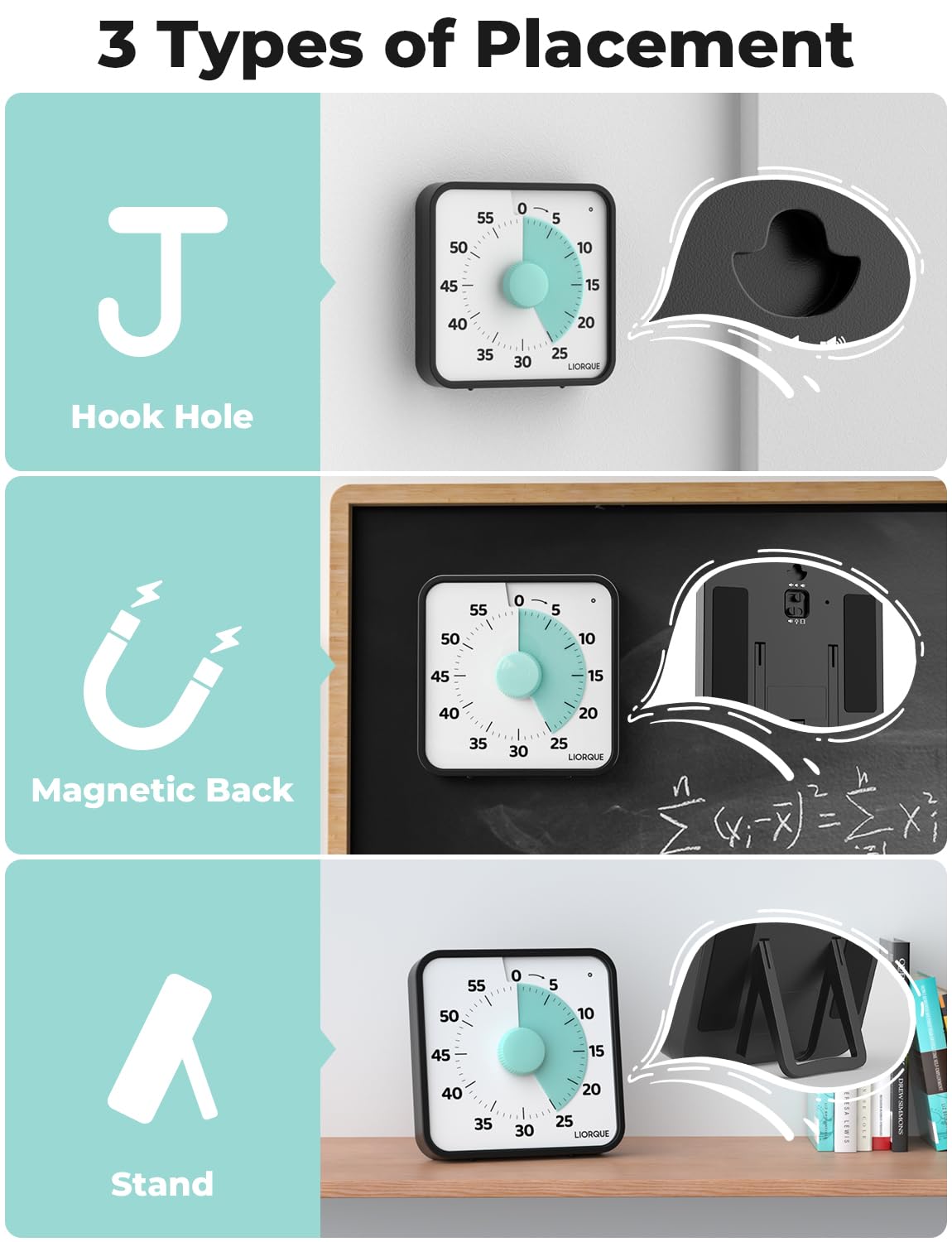 LIORQUE 19cm Visual Timer Large Timer for Classroom, 60 Minute Countdown Timer No Ticking with Magnetic Back, 3 Level Volumes & Vibrating & Light Alarm