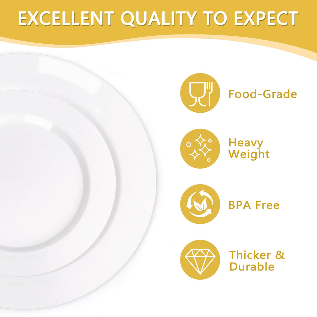100 Pieces White Plastic Plates, Disposable Party Plates, 50 Heavy Duty White Dinner 10 Inch Plates and 50 Disposable Dessert Appetizer Elegant Fancy Wedding 7.5 Inch Plates