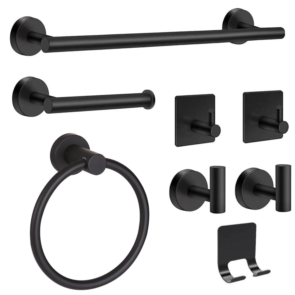 H Hawsam 8pcs Bathroom Accessories Set Black Towel Rack Bathroom Set Include 15.75'' Bathroom Towel Holder,Toilet Paper Holder,Towel Ring,Towel Hooks,SUS304 Stainless Steel Bathroom Hardware Set