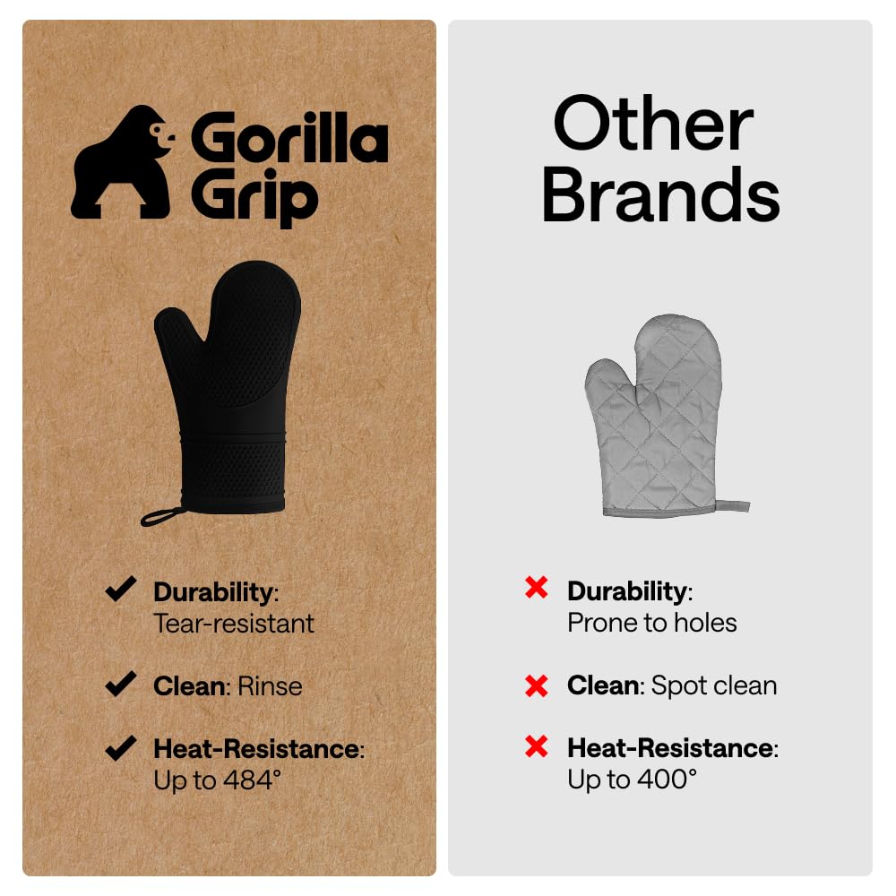 GORILLA GRIP Heat Resistant Silicone Oven Mitts Set, Soft Quilted Lining, Extra Long, Waterproof Flexible Gloves for Cooking and BBQ, Kitchen Mitt Potholders, Easy Clean, Set of 2, Black