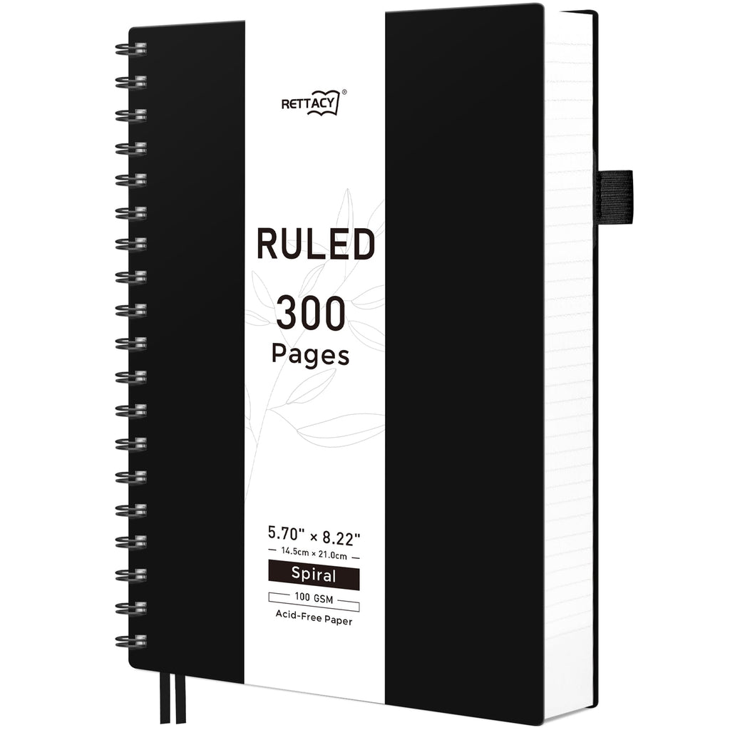 RETTACY Spiral Notebook College Ruled, 300 Pages, A5 Medium Size (14.5 x 21 cm), for School, Work, Journaling, 100 GSM Thick Paper, Flexible Plastic Cover (Black)