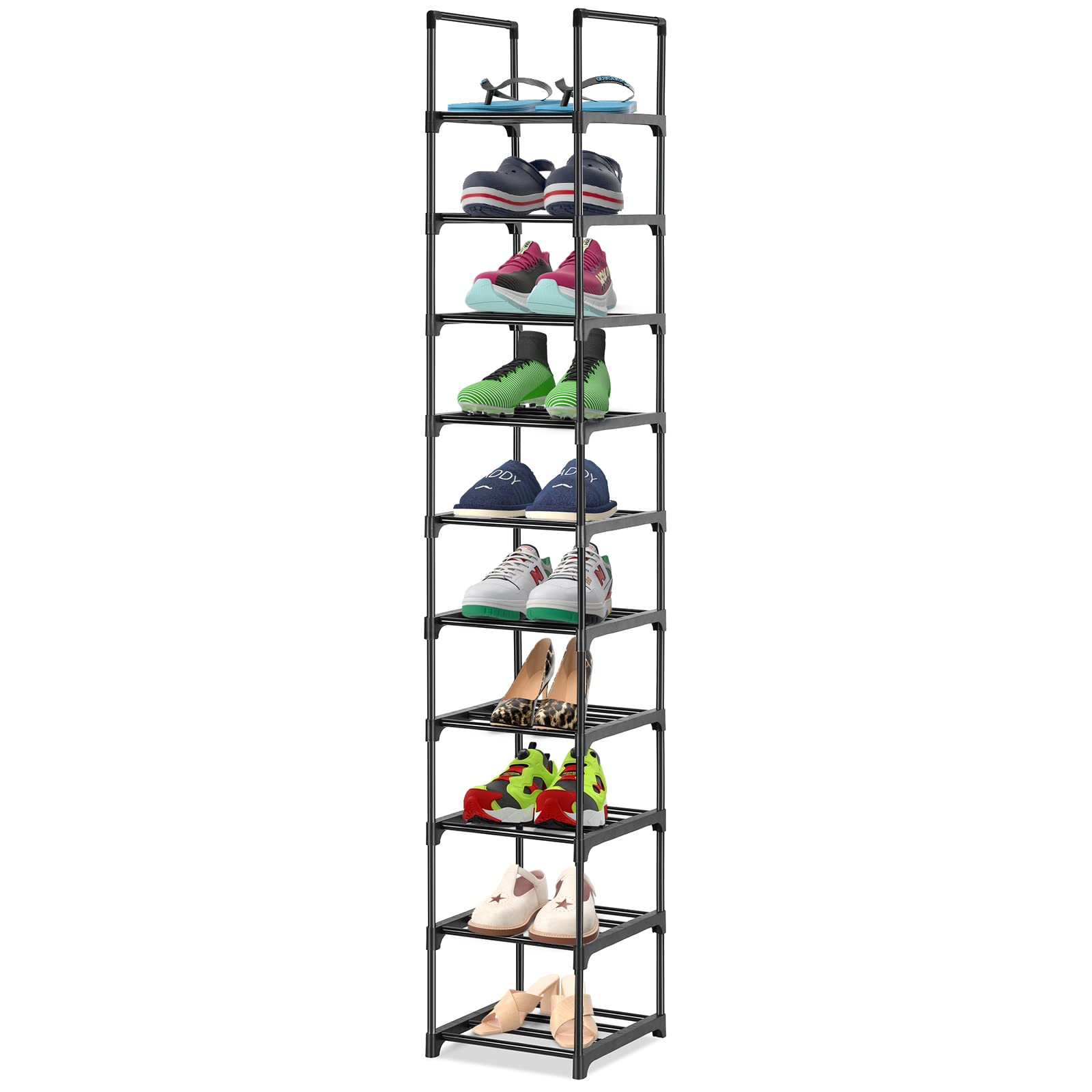 Olyzer 10 Tier Shoe Rack, Narrow Shoe Organizer, Space Saving,Vertical Shoe Stand Shelf for Living Room, Bedroom, Closet, Entryway, Grocery Room, 12.2'' x 12.2'' x 68.9''