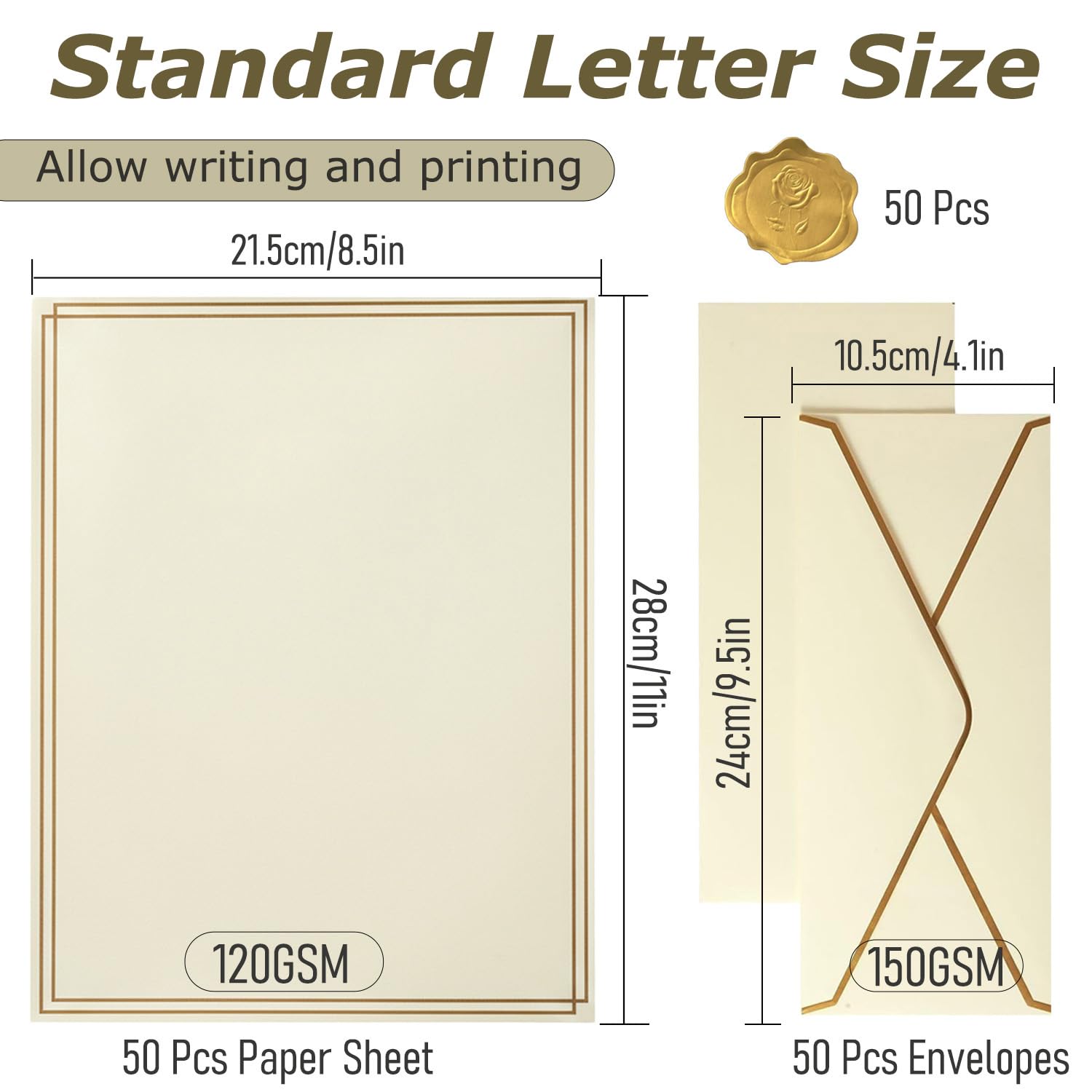 Acidea 150 Pieces Stationery Set with Gold Border, Luxury Gold Border Business Envelopes Letter Writing Paper Stickers, Letter Paper and Envelopes Set for Birthday Wedding Invitation Love Letters