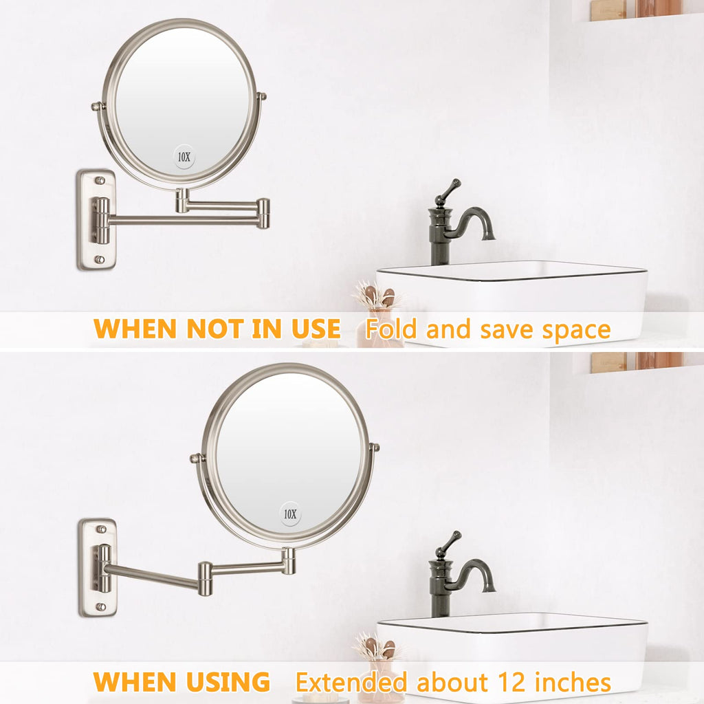 Wall Mounted Makeup Mirror - 1X/10X Magnifying Mirror Double Sided, 8 Inch Extendable Bathroom Mirror, Nickel Finish ALHAKIN