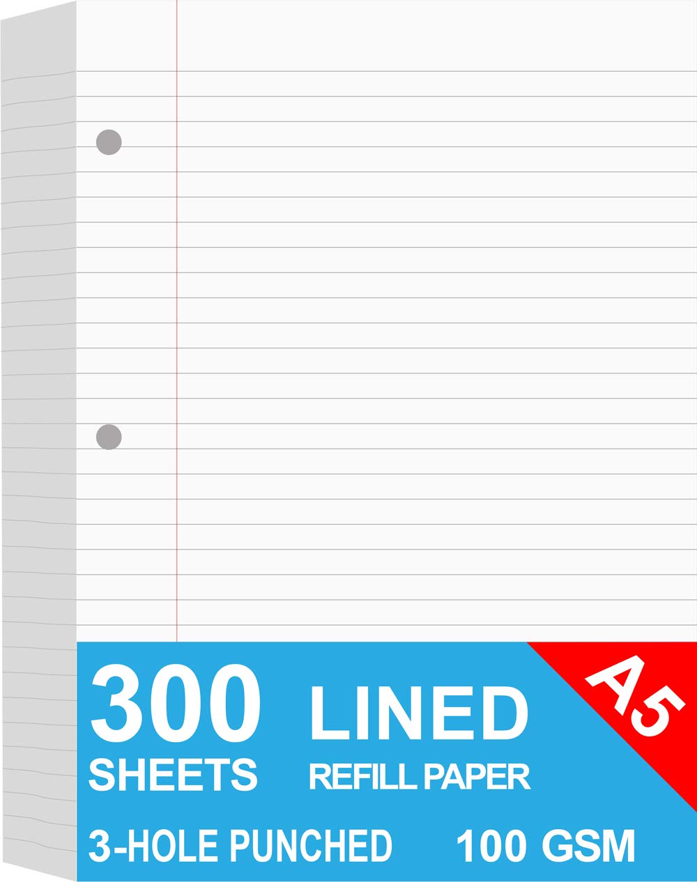 (3-Pack) A5 Filler Paper, 3 Hole Planner Refills, Organizer, Loose-Leaf Binder Paper, Total 300 Sheets/600 Pages, Lined, 100gsm, White, 5.8 x 8.2 Inch