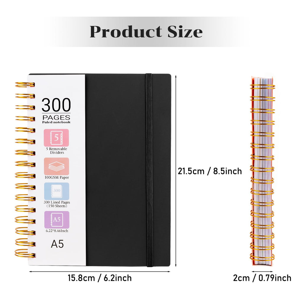 Spiral Notebook, A5 Size 5 Subject Notebooks College Ruled with Tabs and Removable Dividers, 300 Pages 100GSM Thick Spiral Ruled Lined Writing Journal Notebook for Work, School（6.2"x 8.5"）