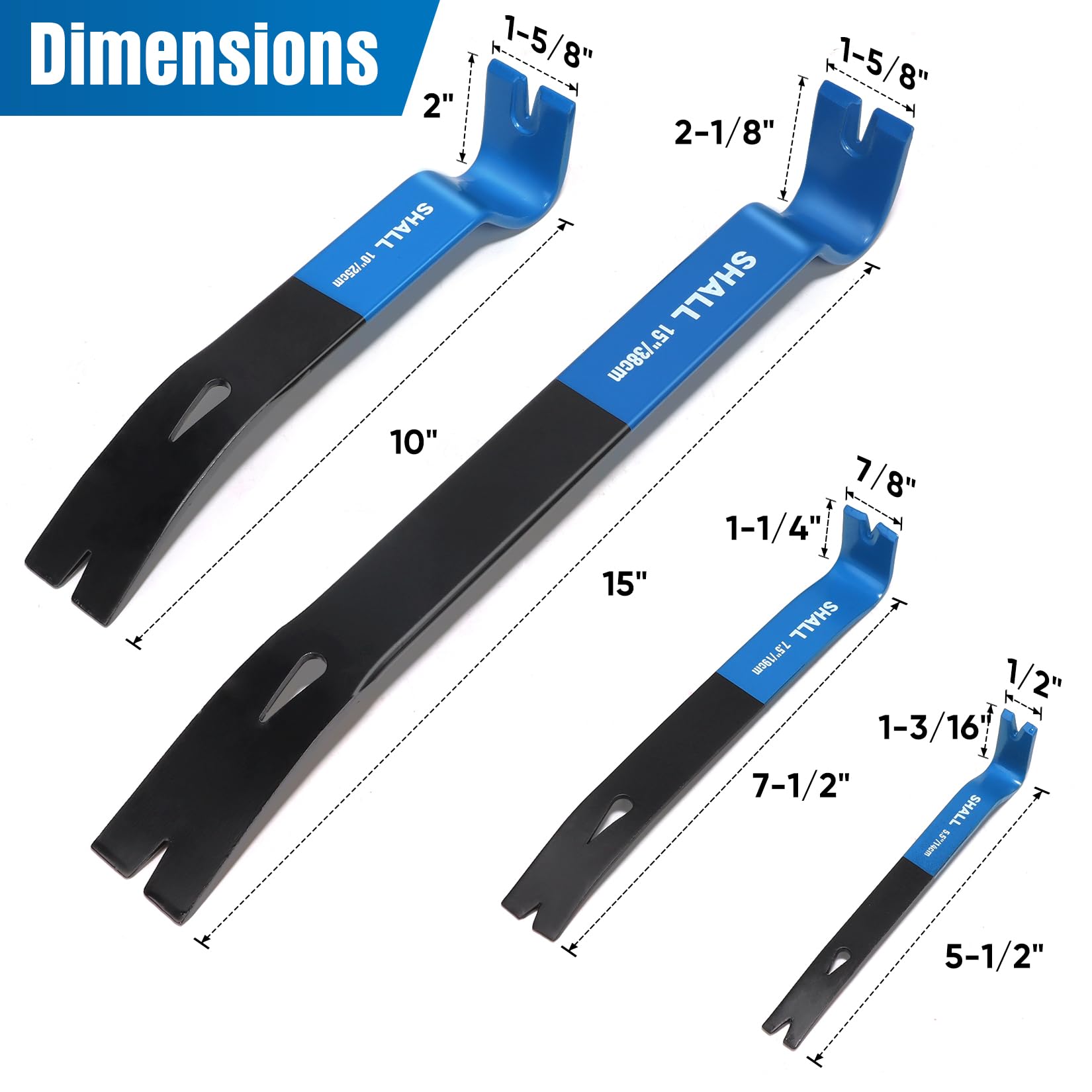 SHALL 4-Piece Flat Pry Bar Set -15" 10" 7.5" 5.5"- Heavy Duty & Mini Nail Puller Crowbar, Utility Claw Bar, Wonder Bar, High-Carbon Steel Flat Bar Tool for Home Remolding & Woodworking