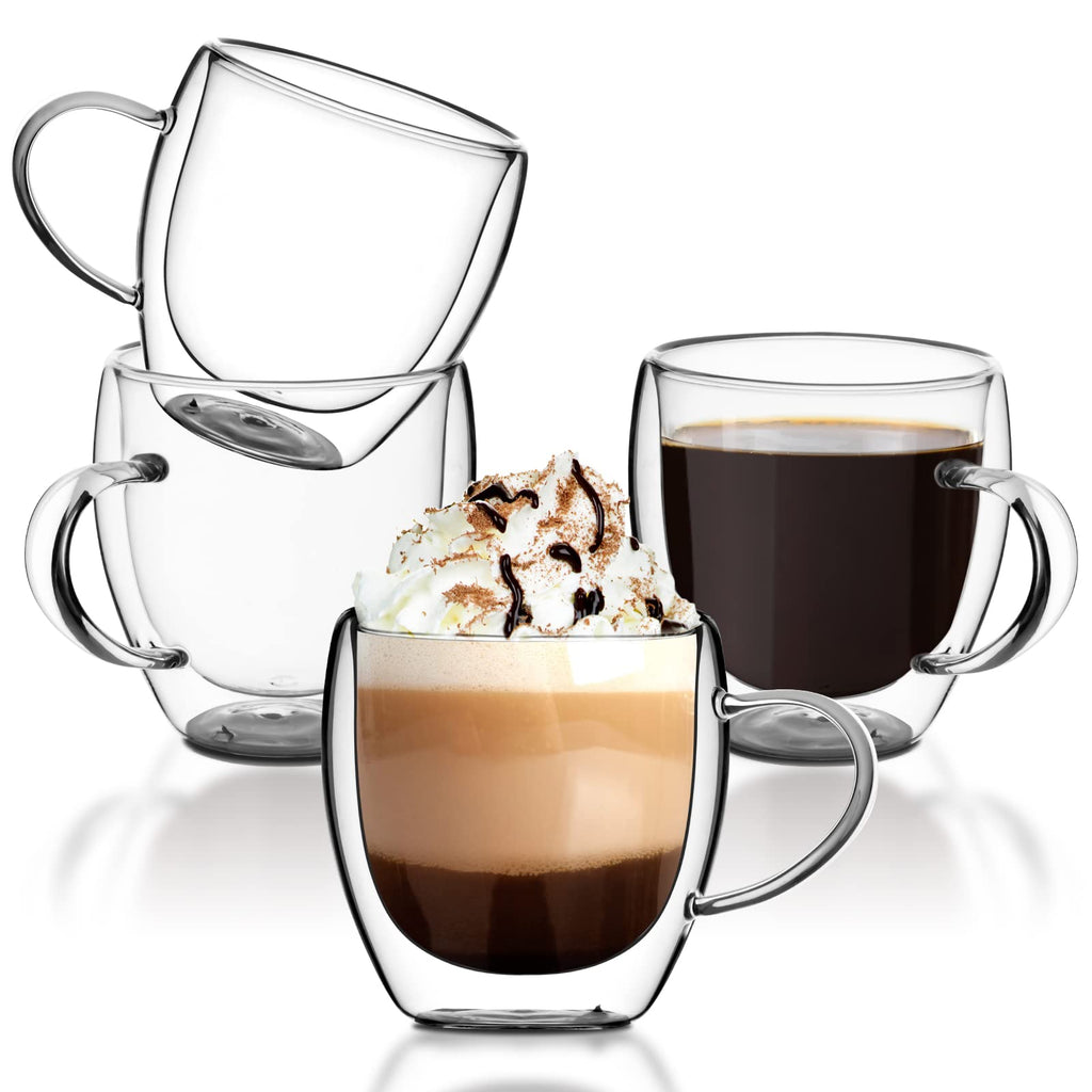 Dyserbuy 4 Pack Cappuccino Glass Mugs, Double Wall Insulated Glass Coffee Mugs with Handle, Drinking Glasses Cups, Perfect for Cappuccino, Latte, Espresso, Tea, Juice, Beverage (250ml/ 8.5oz)