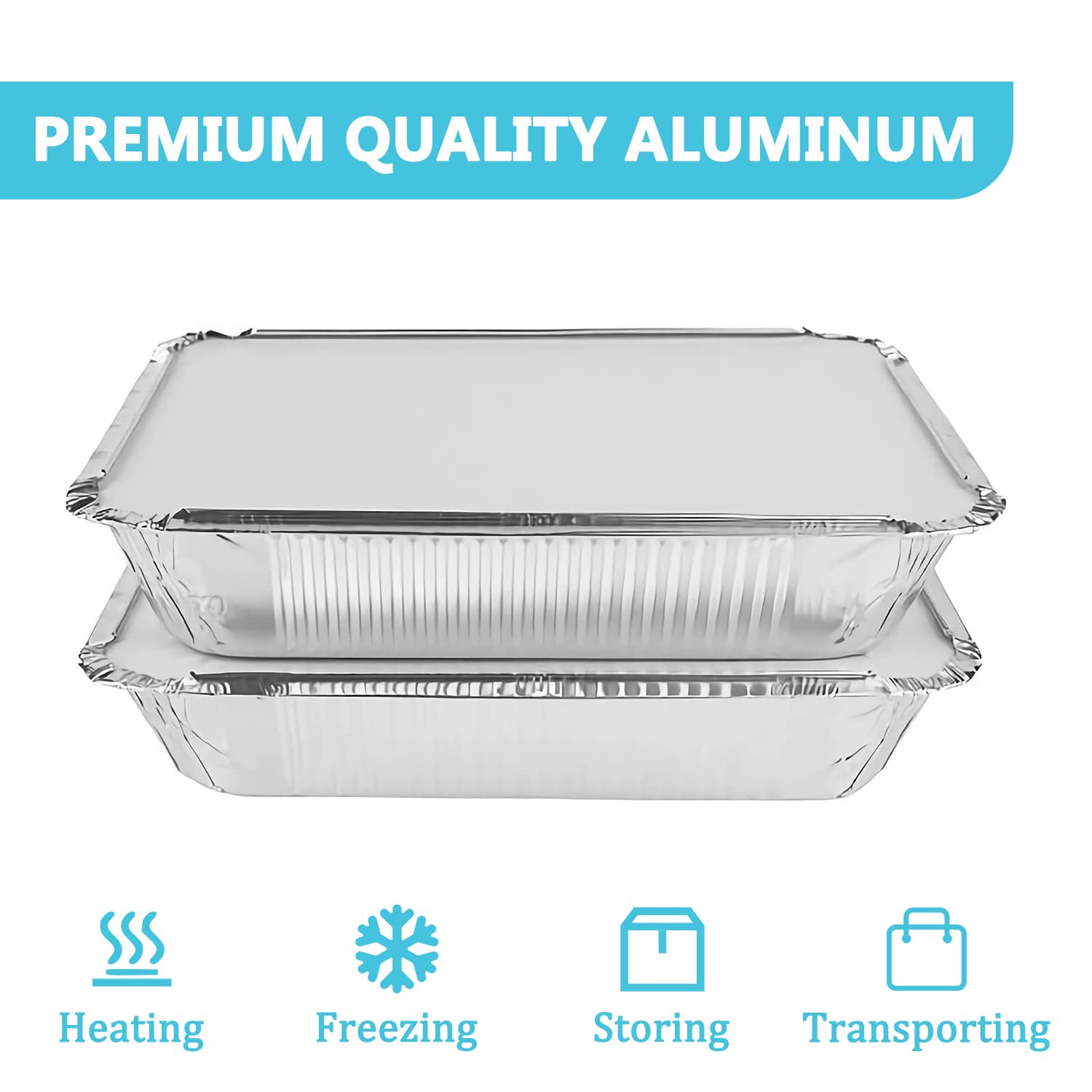 Aluminum Pans Disposable Food Containers with Lids - 50 Containers and 50 Lids - 2 LB Heavy Duty Tin Foil Pans for Cooking, Baking, Meal Prep, Takeout - 8.5"×6"×2" (50 Pack)